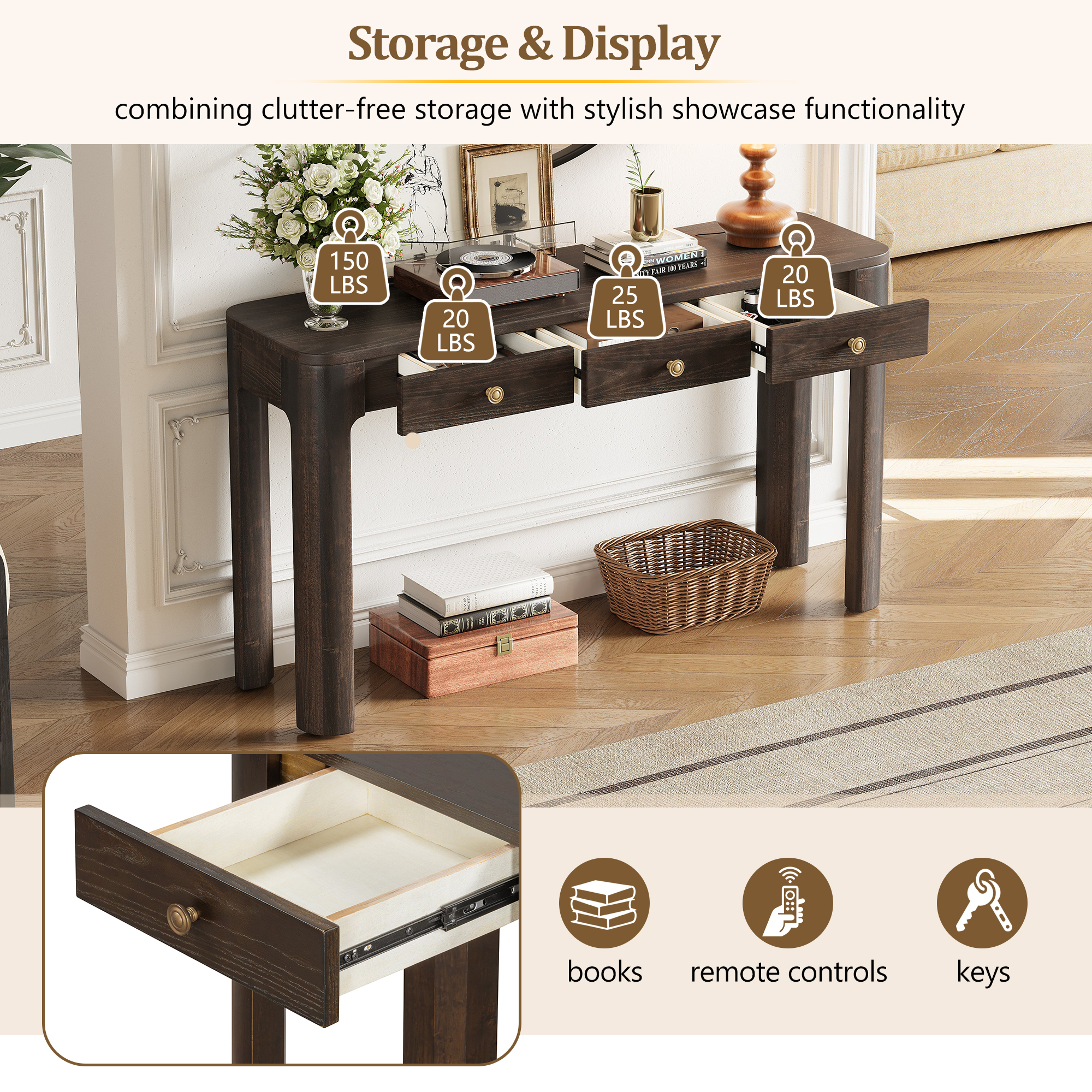 TREXM Rustic Console Table with Curved Corners for Safety, Entryway Table with 3 Concealed Drawers, Sturdy Sofa Table with Thick Legs for Hallway & Living Room