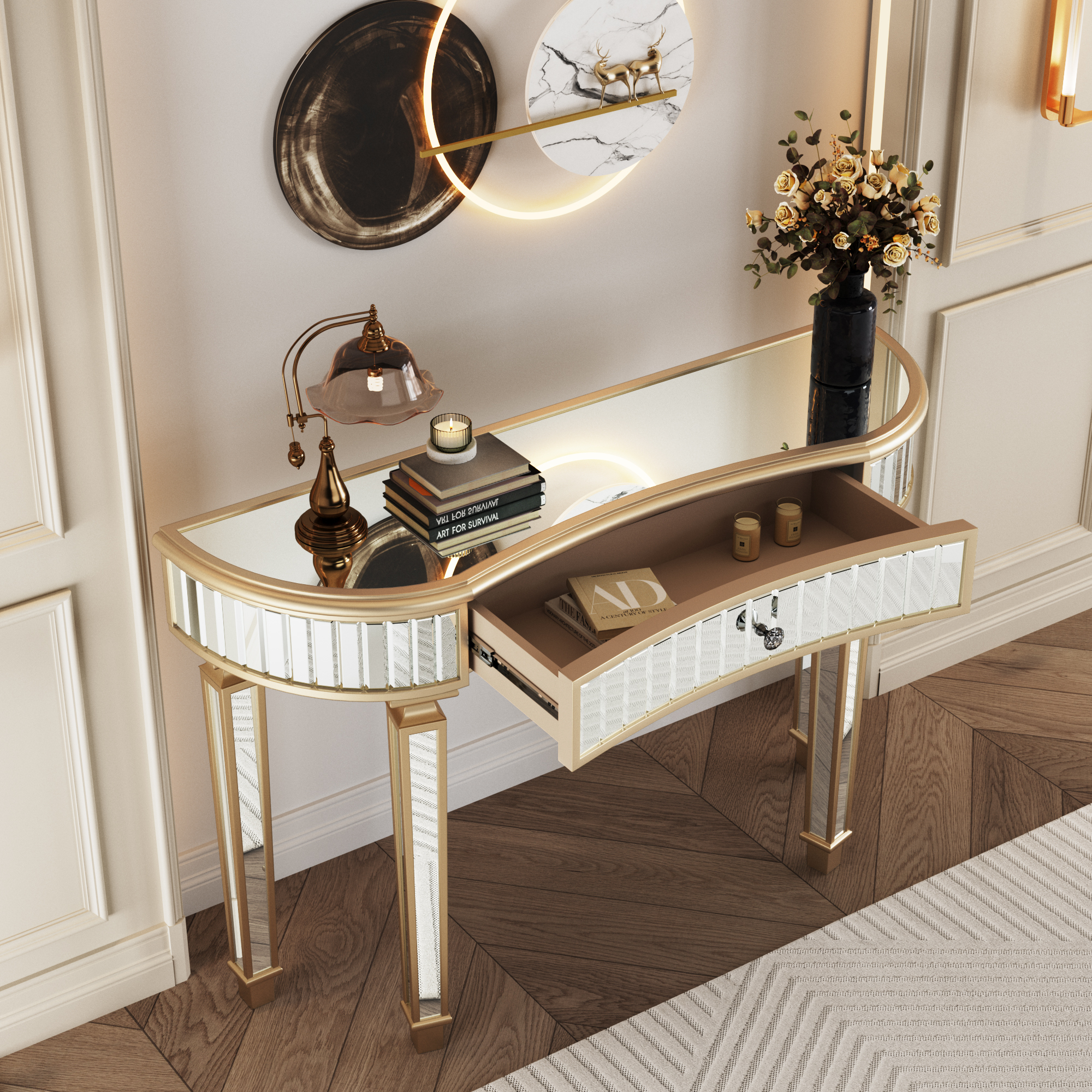 47" Half-Moon Mirrored Console Table with Fluted Glass & Crystal Knob Drawer - Silver Entryway Vanity Desk for Bedroom/Dressing Room
