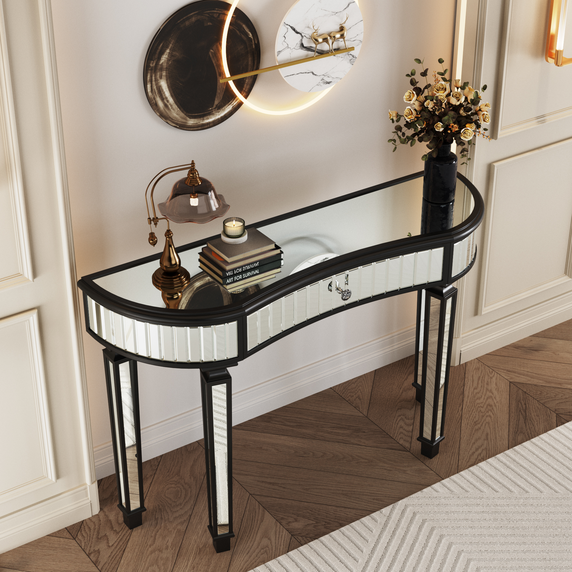 47" Half-Moon Mirrored Console Table with Fluted Glass & Crystal Knob Drawer - Silver Entryway Vanity Desk for Bedroom/Dressing Room