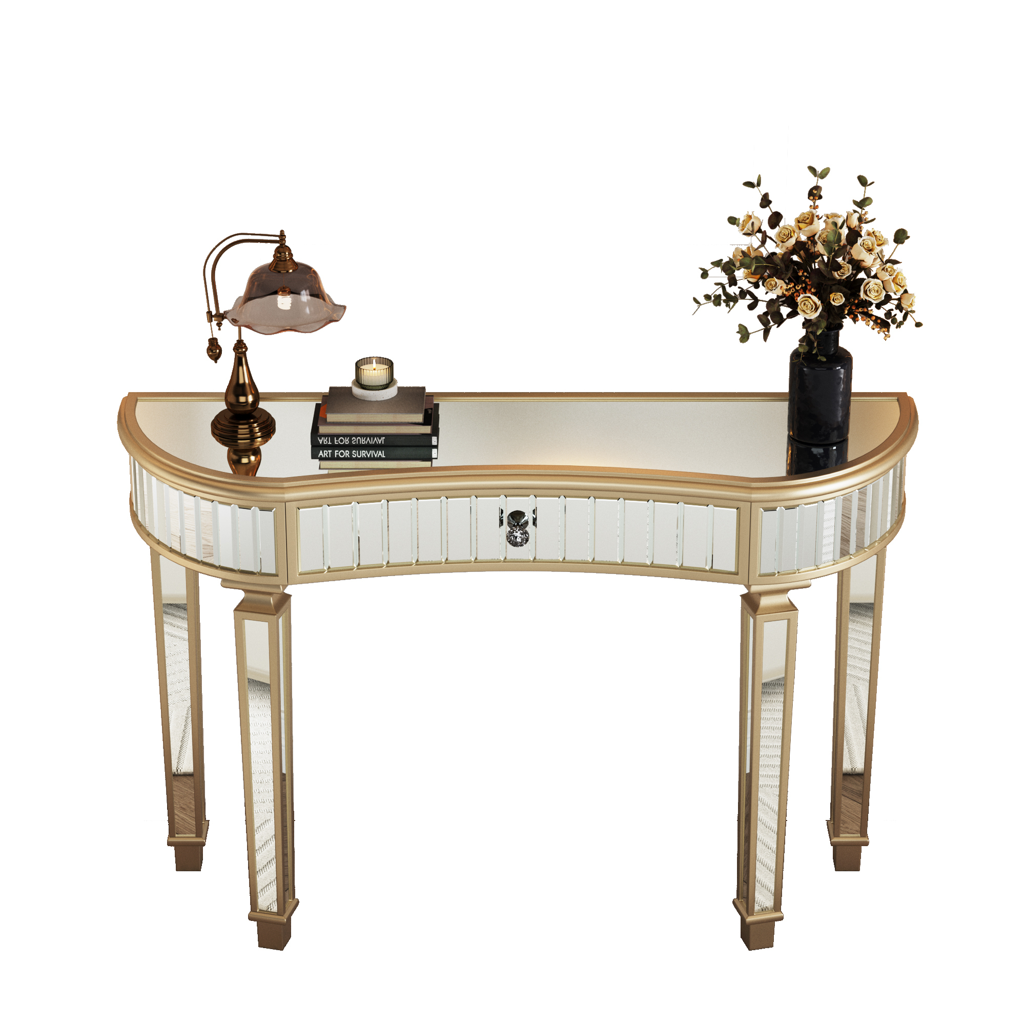 47" Half-Moon Mirrored Console Table with Fluted Glass & Crystal Knob Drawer - Silver Entryway Vanity Desk for Bedroom/Dressing Room