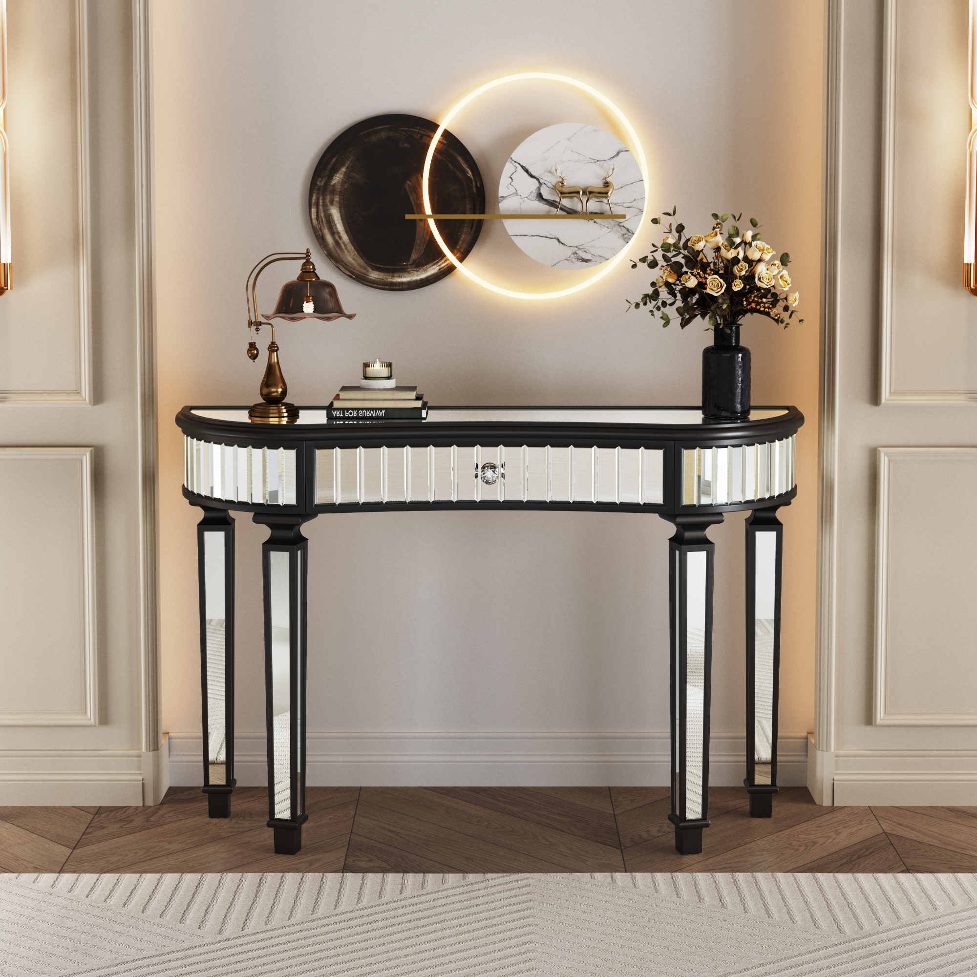 47" Half-Moon Mirrored Console Table with Fluted Glass & Crystal Knob Drawer - Silver Entryway Vanity Desk for Bedroom/Dressing Room