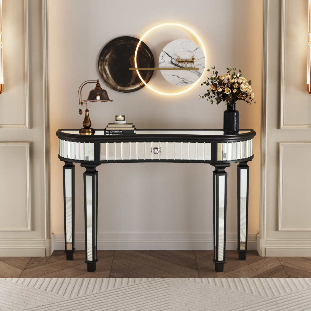 47" Half-Moon Mirrored Console Table with Fluted Glass & Crystal Knob Drawer - Silver Entryway Vanity Desk for Bedroom/Dressing Room