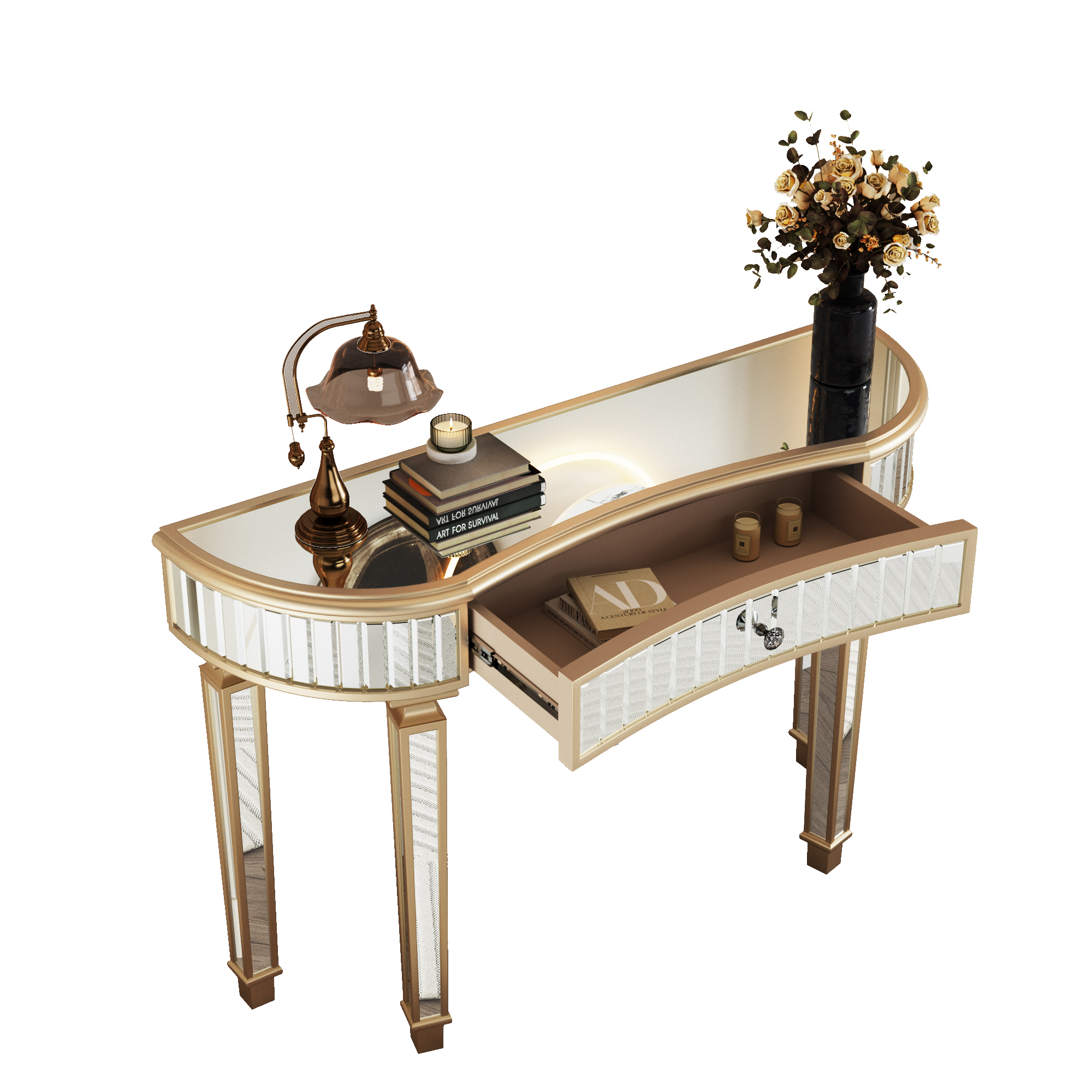 47" Half-Moon Mirrored Console Table with Fluted Glass & Crystal Knob Drawer - Silver Entryway Vanity Desk for Bedroom/Dressing Room