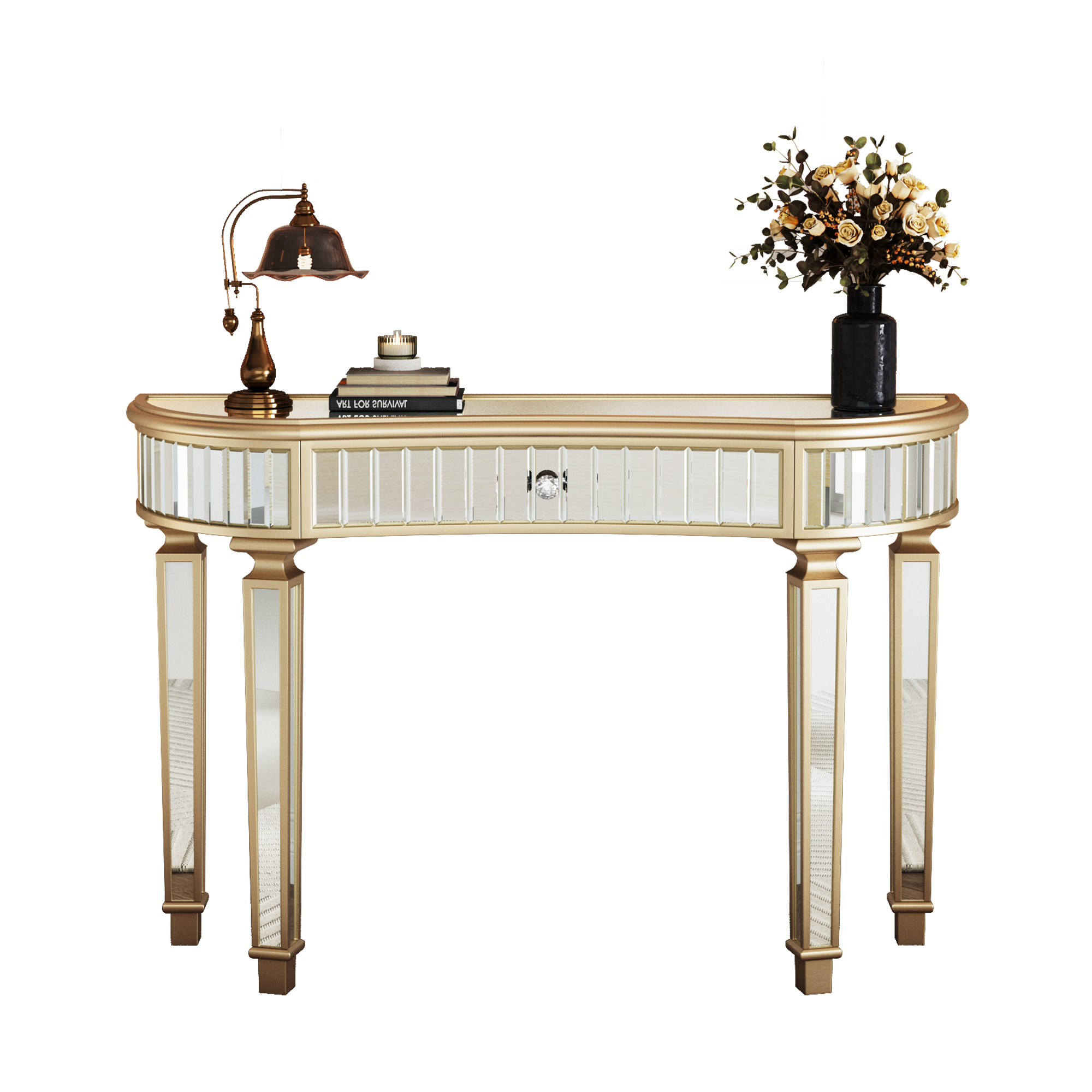 47" Half-Moon Mirrored Console Table with Fluted Glass & Crystal Knob Drawer - Silver Entryway Vanity Desk for Bedroom/Dressing Room