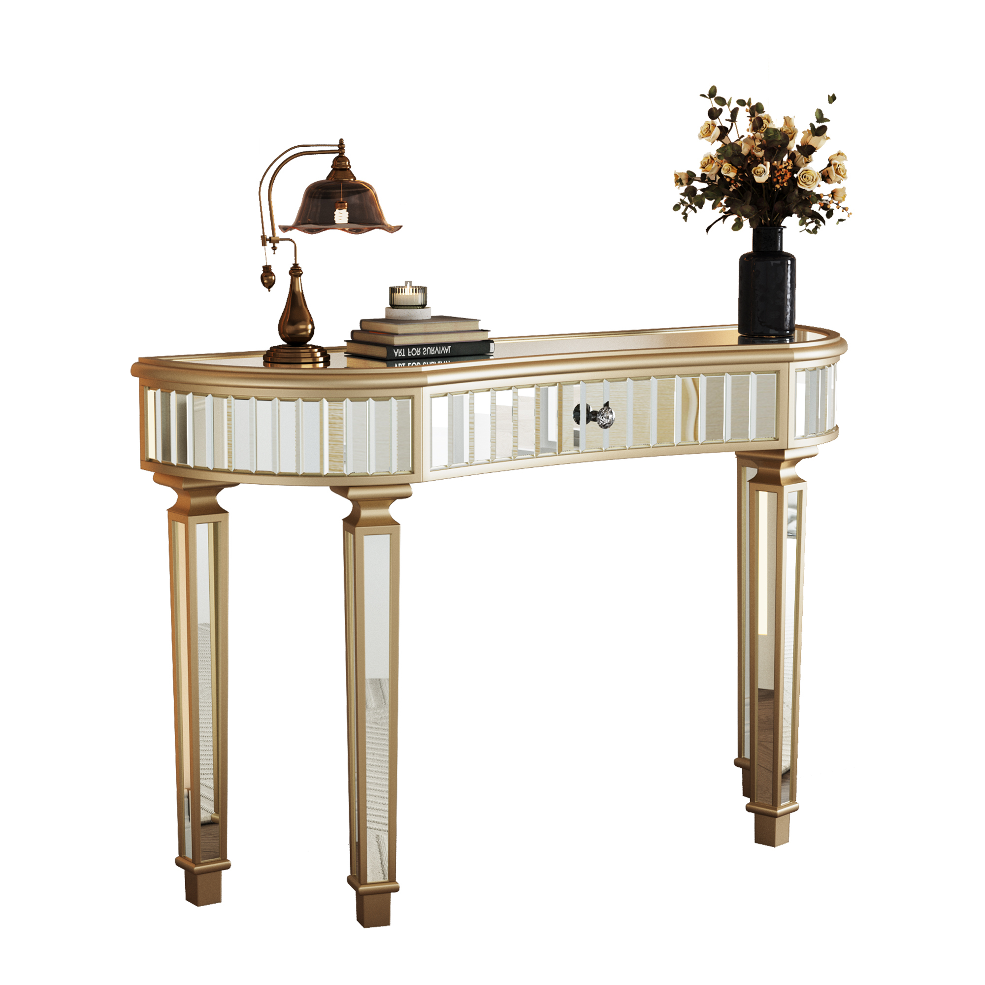 47" Half-Moon Mirrored Console Table with Fluted Glass & Crystal Knob Drawer - Silver Entryway Vanity Desk for Bedroom/Dressing Room