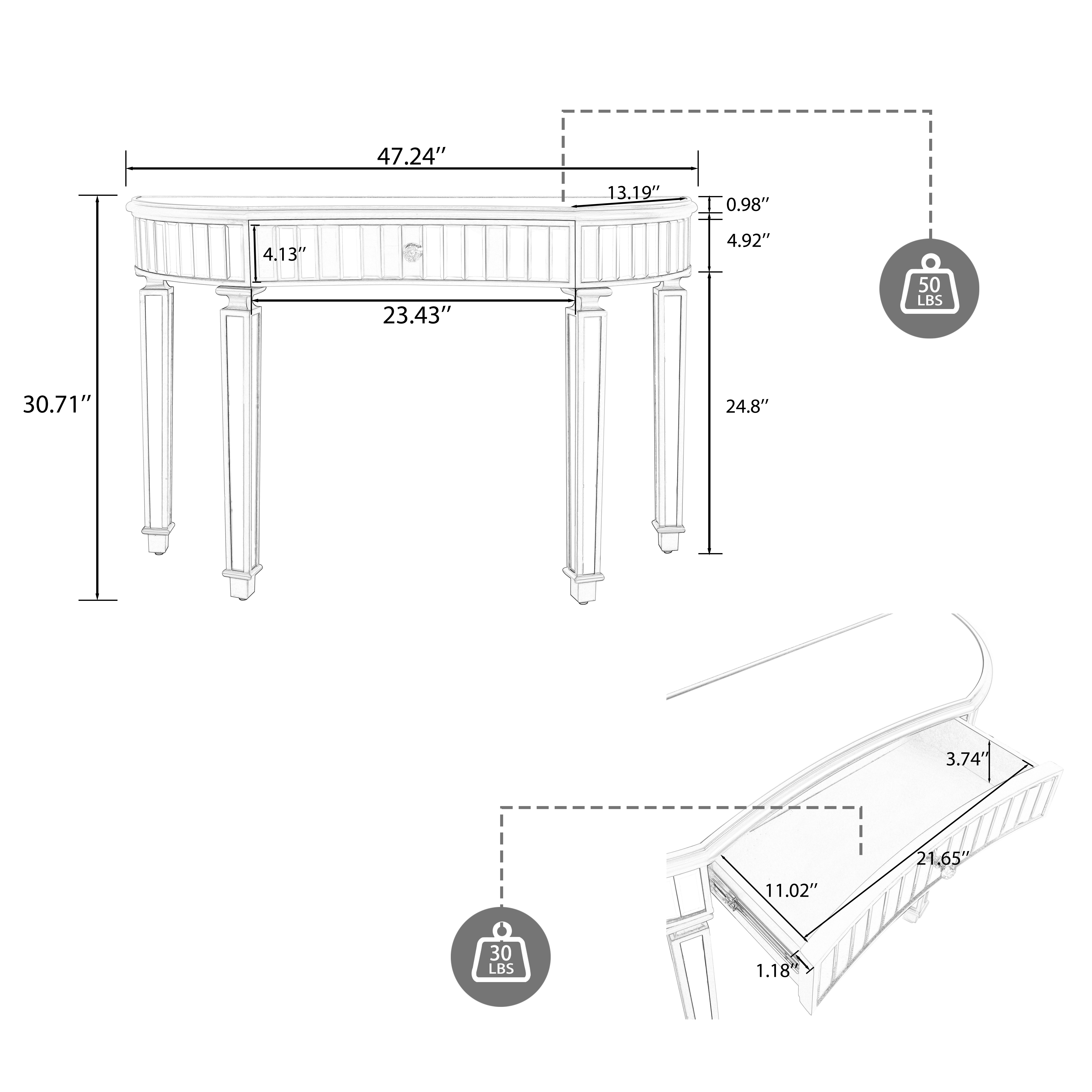 47" Half-Moon Mirrored Console Table with Fluted Glass & Crystal Knob Drawer - Silver Entryway Vanity Desk for Bedroom/Dressing Room