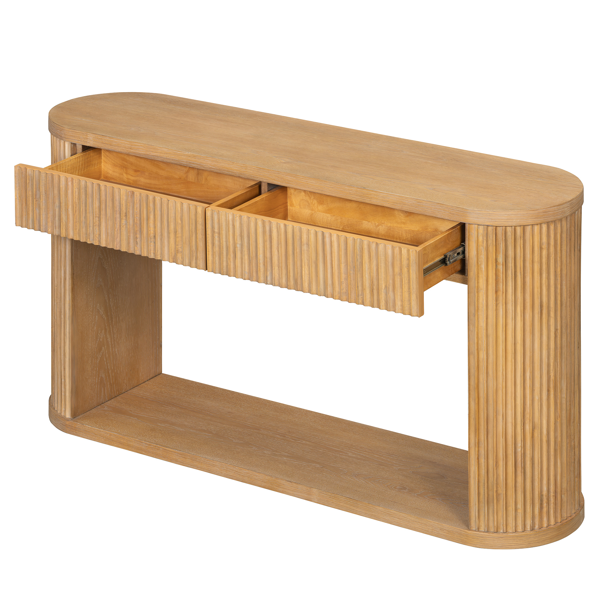 TREXM Oval Fluted Console Table with 2 Drawers and Bottom Shelf, Wood Entryway Table with Smooth Metal Slides for Living Room, Entryway