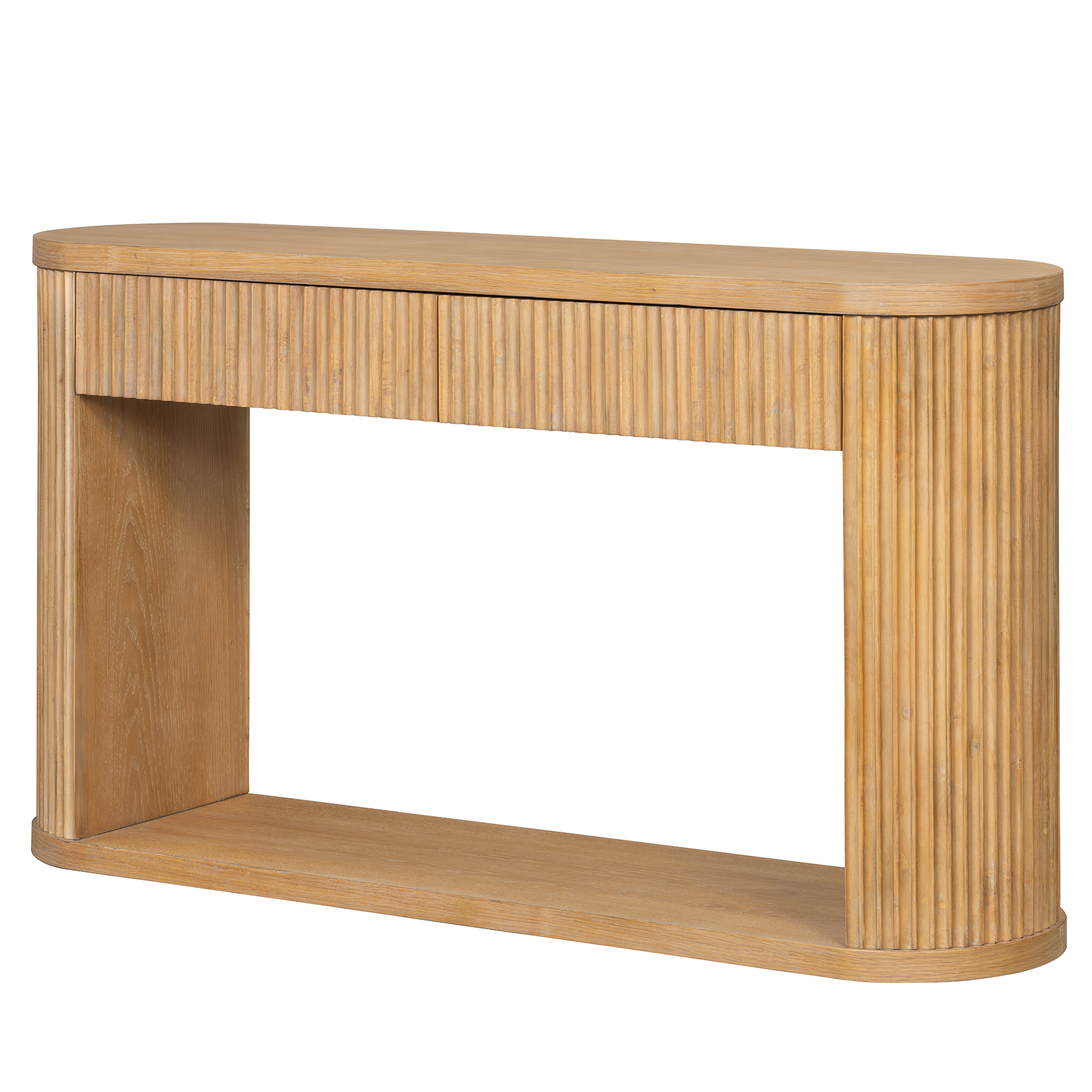 TREXM Oval Fluted Console Table with 2 Drawers and Bottom Shelf, Wood Entryway Table with Smooth Metal Slides for Living Room, Entryway