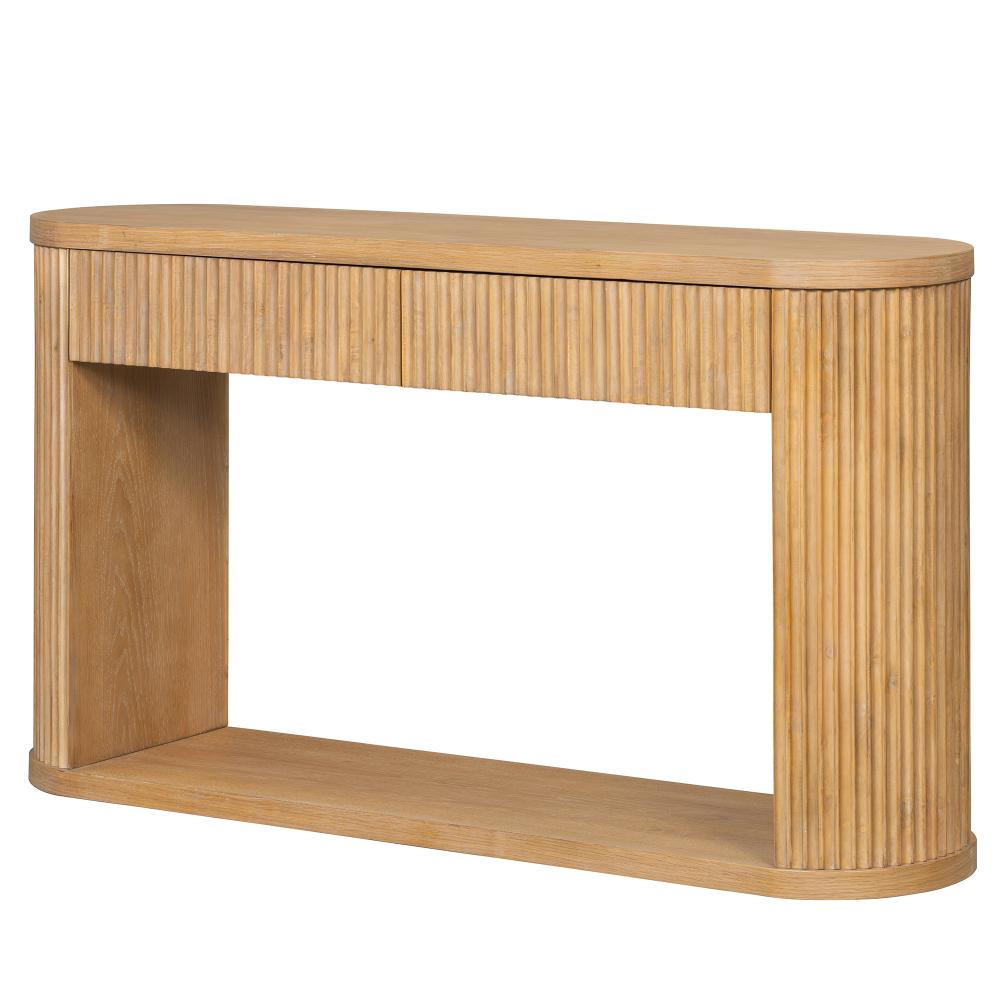 TREXM Oval Fluted Console Table with 2 Drawers and Bottom Shelf, Wood Entryway Table with Smooth Metal Slides for Living Room, Entryway