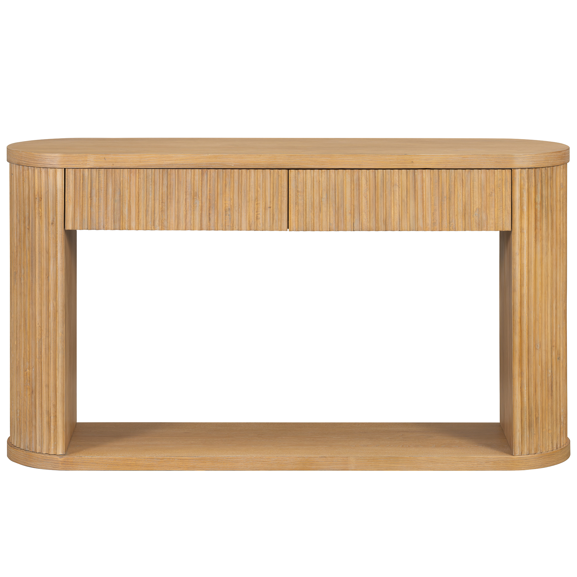 TREXM Oval Fluted Console Table with 2 Drawers and Bottom Shelf, Wood Entryway Table with Smooth Metal Slides for Living Room, Entryway