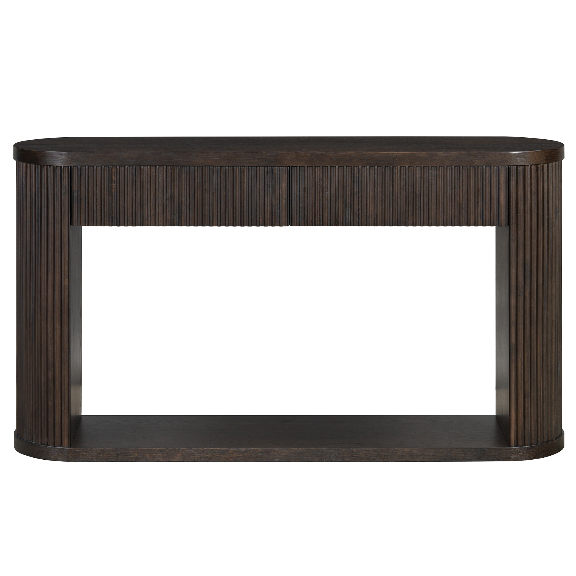 TREXM Oval Fluted Console Table with 2 Drawers and Bottom Shelf, Wood Entryway Table with Smooth Metal Slides for Living Room, Entryway