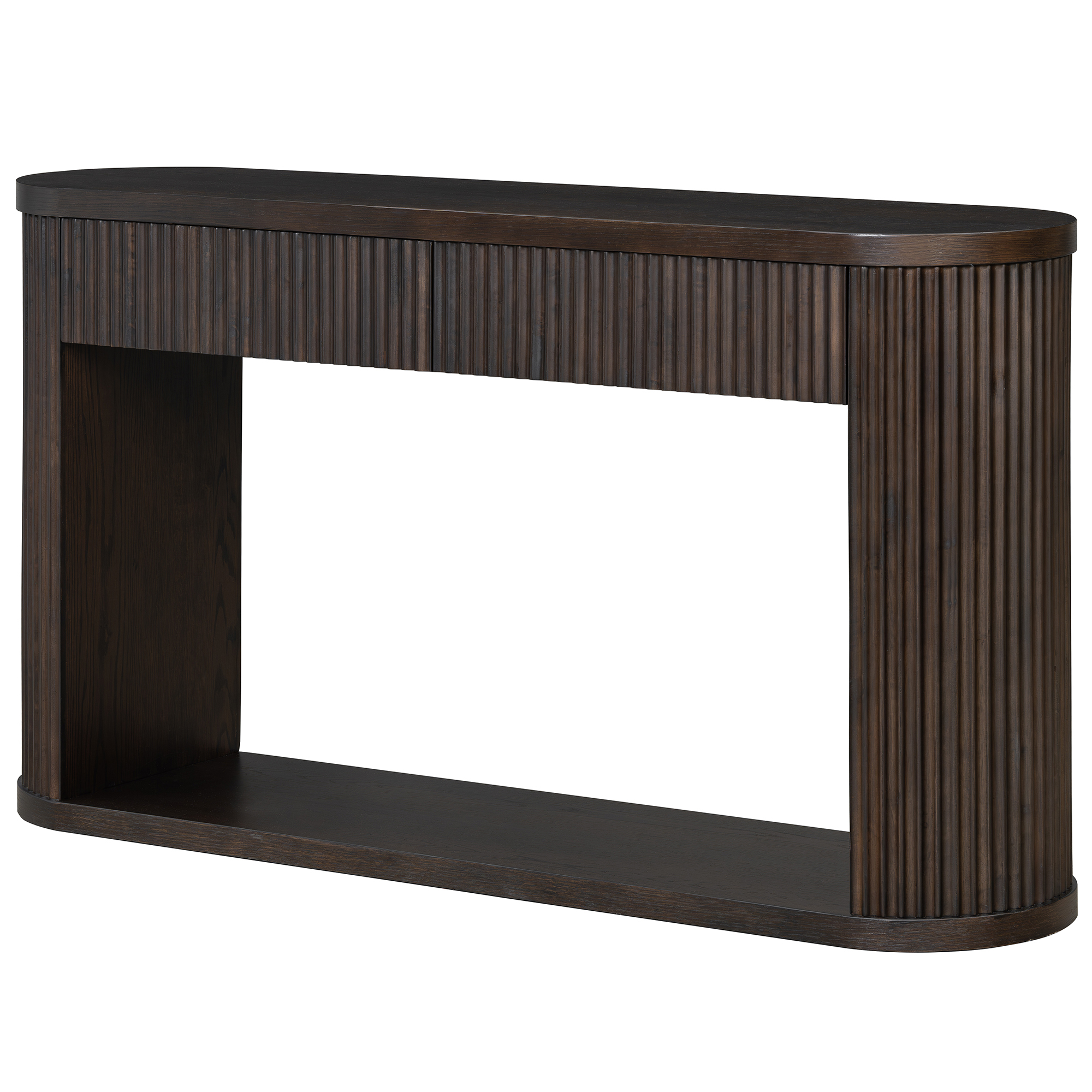 TREXM Oval Fluted Console Table with 2 Drawers and Bottom Shelf, Wood Entryway Table with Smooth Metal Slides for Living Room, Entryway