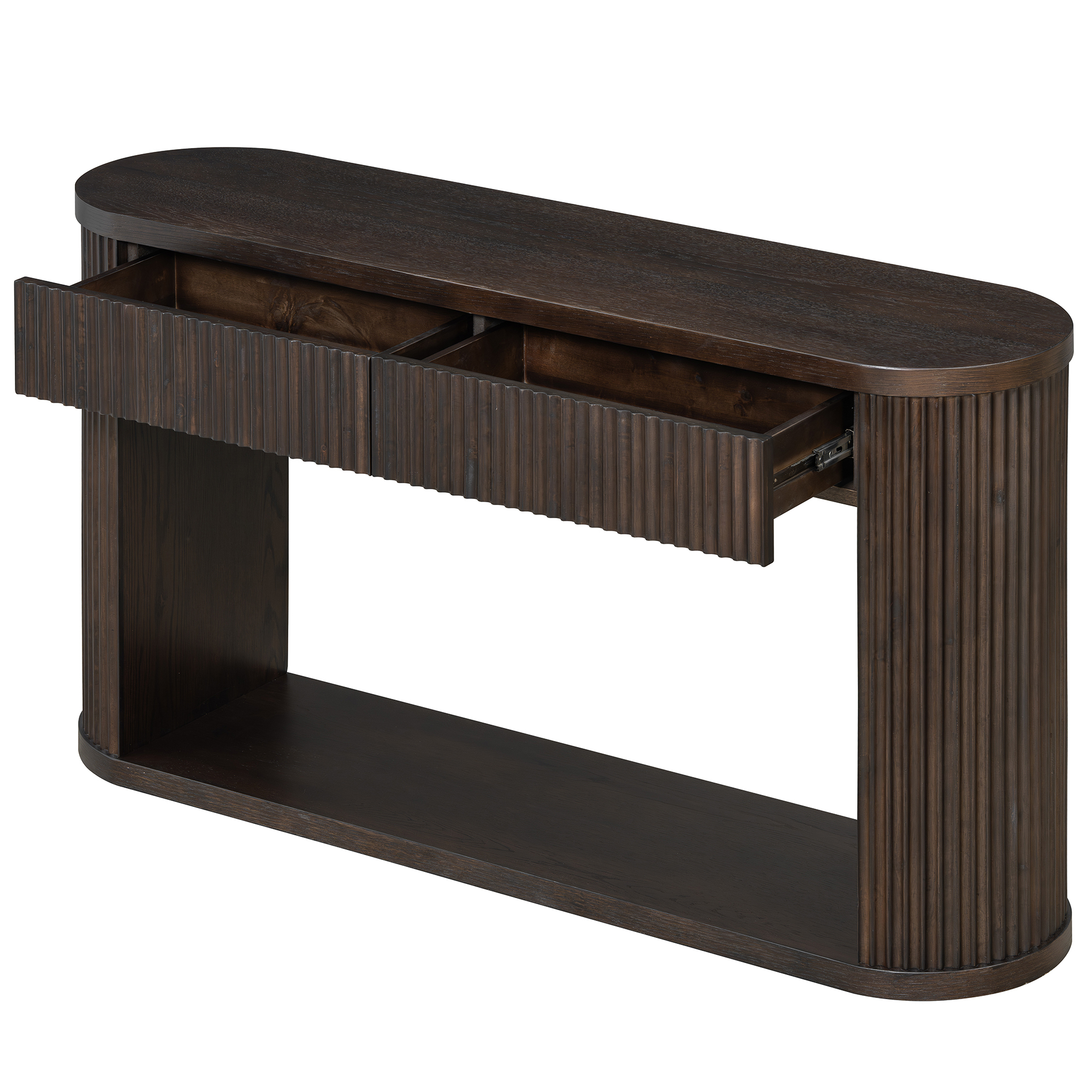 TREXM Oval Fluted Console Table with 2 Drawers and Bottom Shelf, Wood Entryway Table with Smooth Metal Slides for Living Room, Entryway