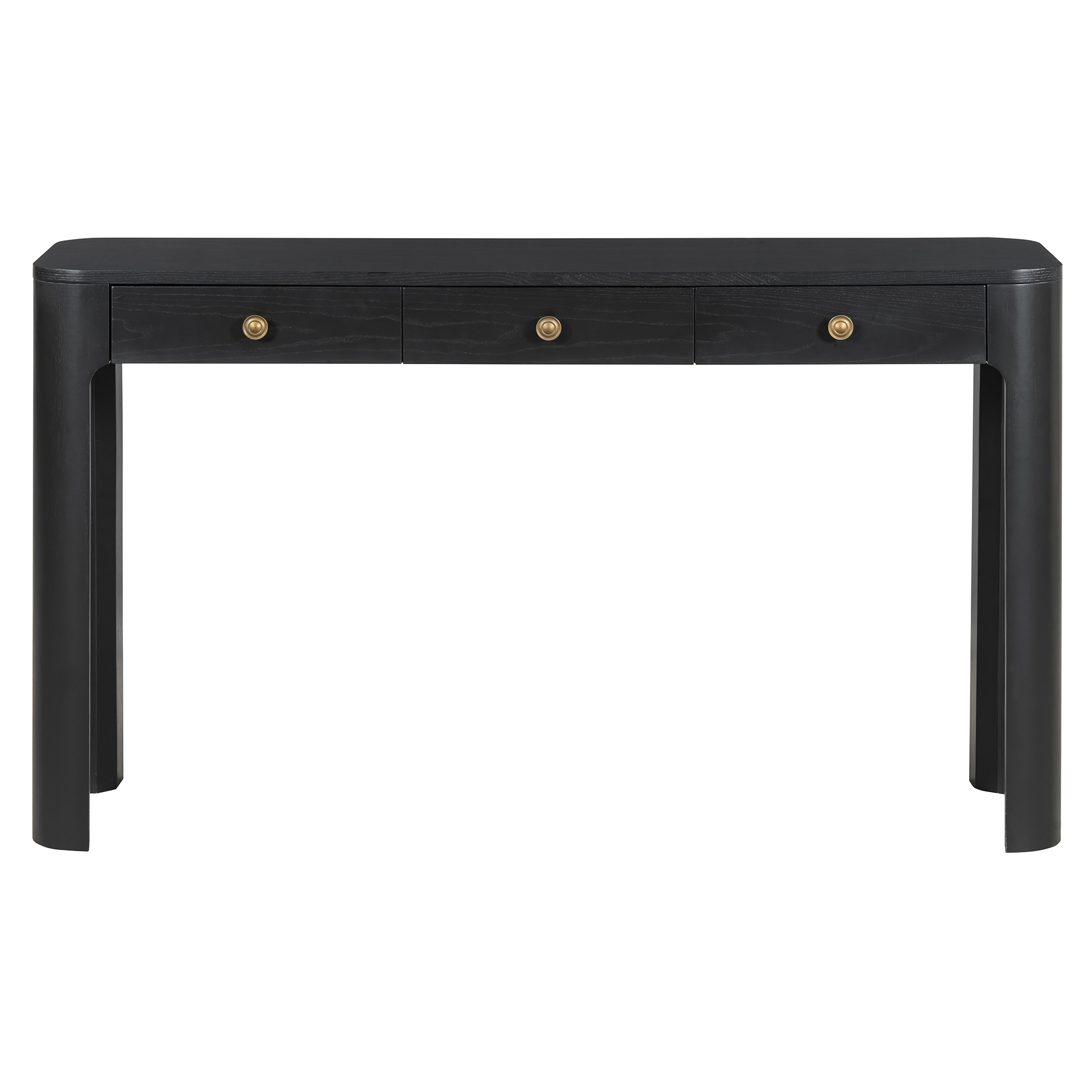 TREXM Rustic Console Table with Curved Corners for Safety, Entryway Table with 3 Concealed Drawers, Sturdy Sofa Table with Thick Legs for Hallway & Living Room