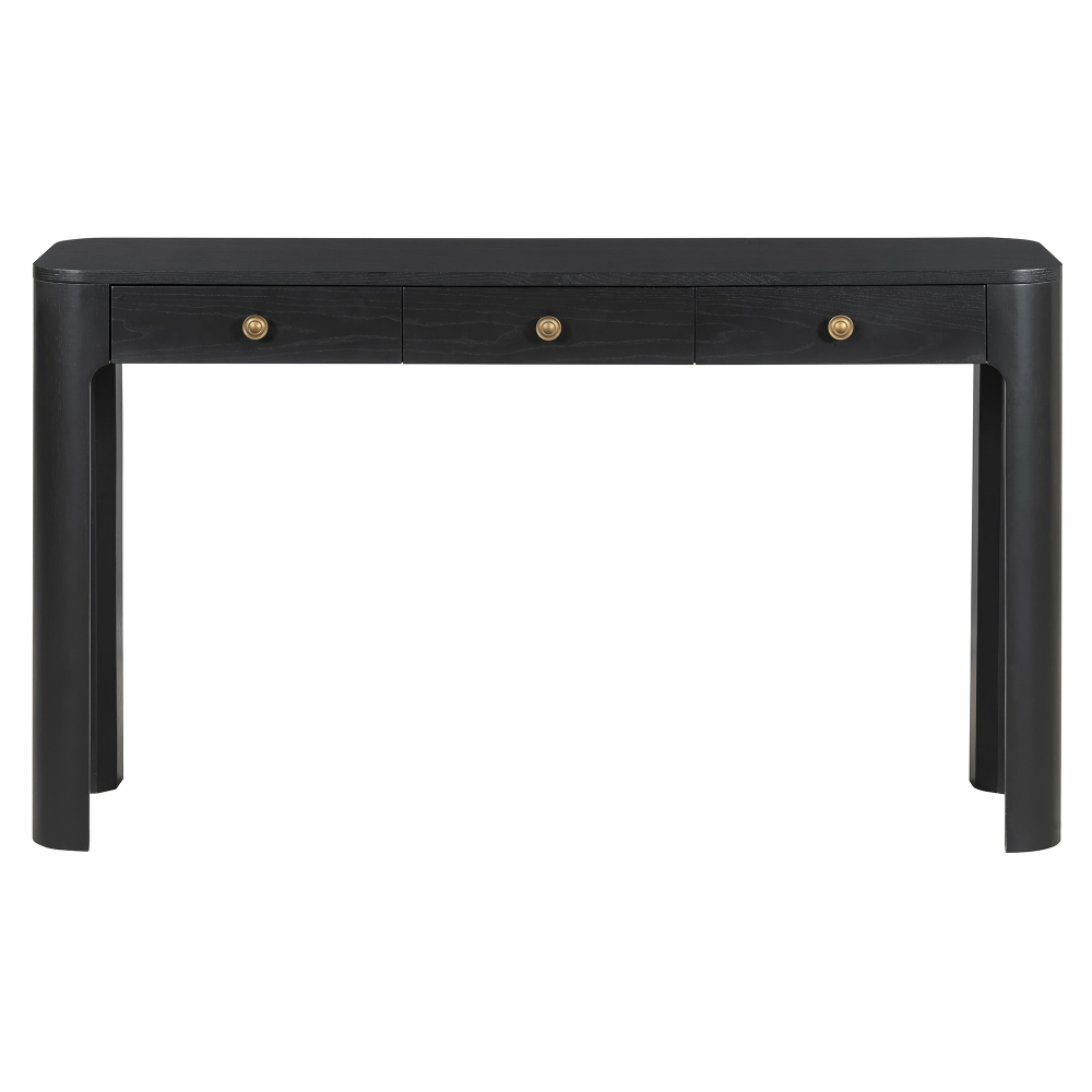TREXM Rustic Console Table with Curved Corners for Safety, Entryway Table with 3 Concealed Drawers, Sturdy Sofa Table with Thick Legs for Hallway & Living Room