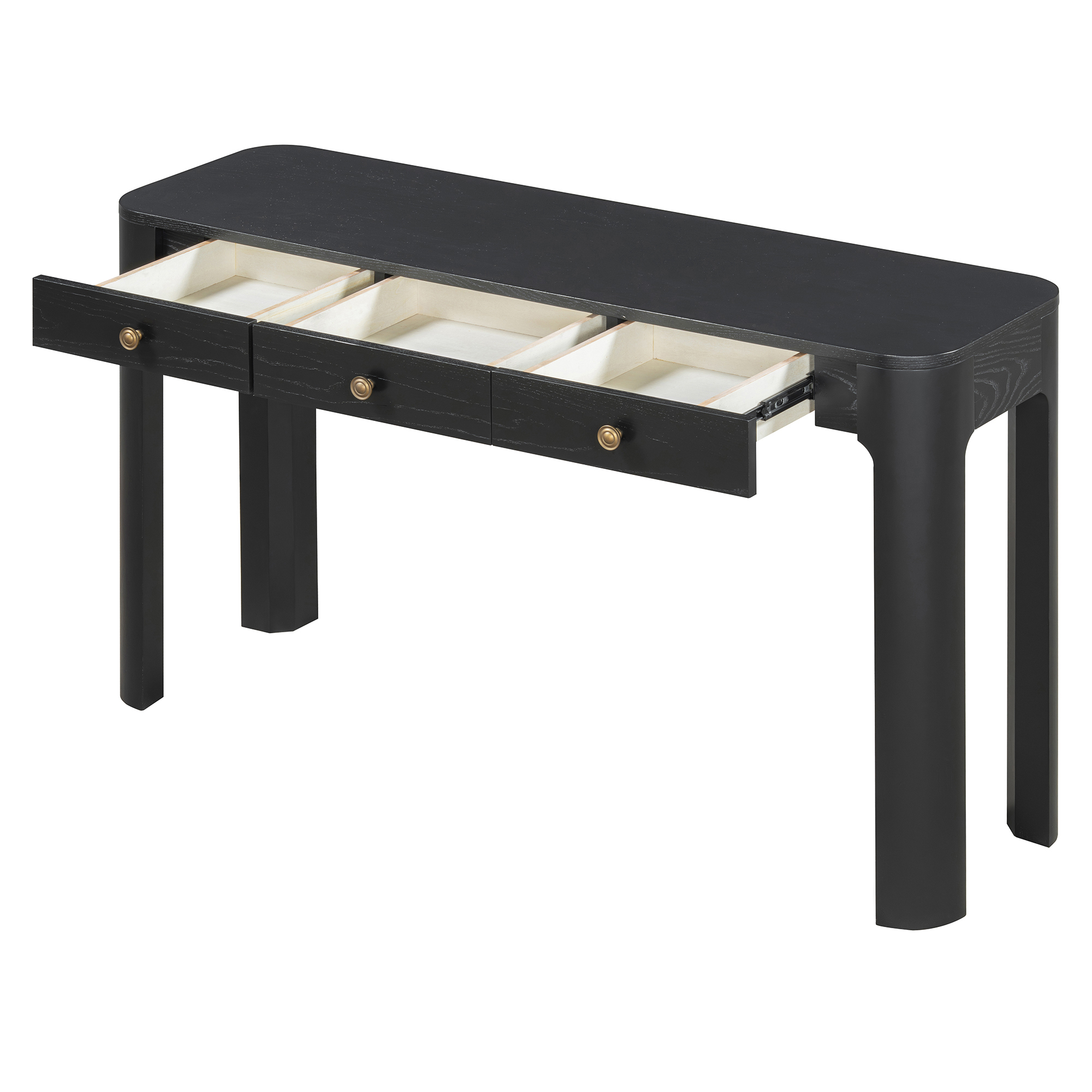 TREXM Rustic Console Table with Curved Corners for Safety, Entryway Table with 3 Concealed Drawers, Sturdy Sofa Table with Thick Legs for Hallway & Living Room