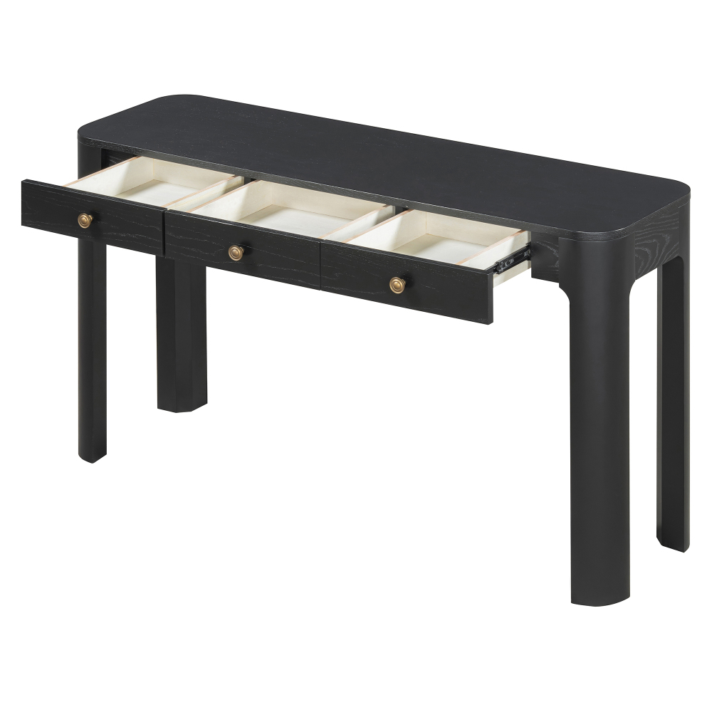 TREXM Rustic Console Table with Curved Corners for Safety, Entryway Table with 3 Concealed Drawers, Sturdy Sofa Table with Thick Legs for Hallway & Living Room