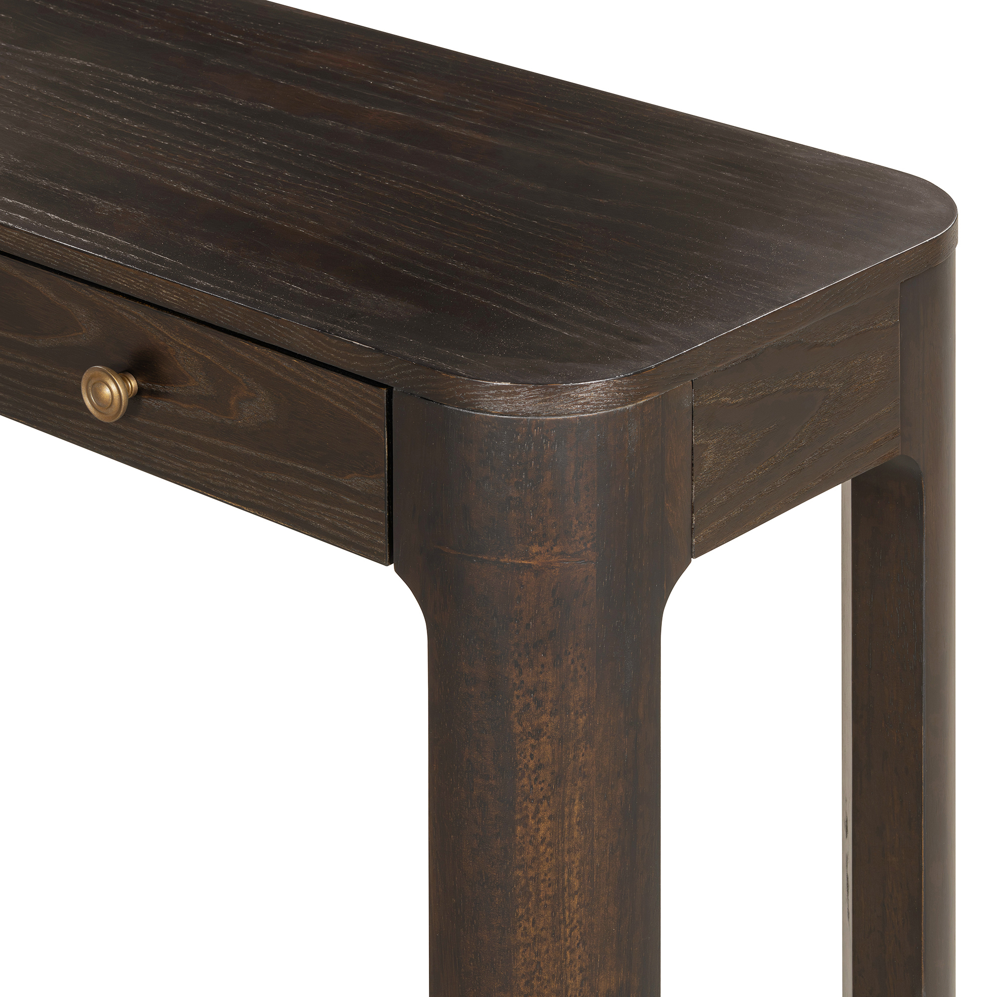 TREXM Rustic Console Table with Curved Corners for Safety, Entryway Table with 3 Concealed Drawers, Sturdy Sofa Table with Thick Legs for Hallway & Living Room