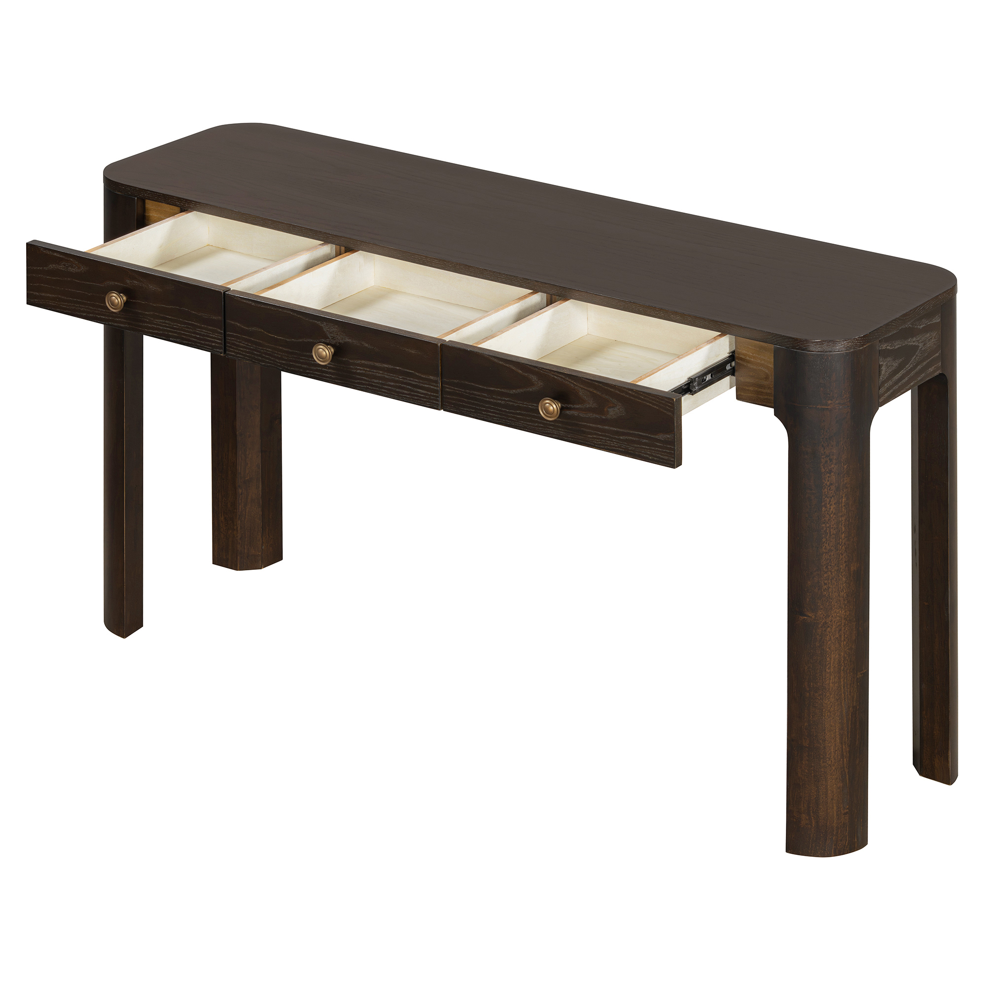 TREXM Rustic Console Table with Curved Corners for Safety, Entryway Table with 3 Concealed Drawers, Sturdy Sofa Table with Thick Legs for Hallway & Living Room