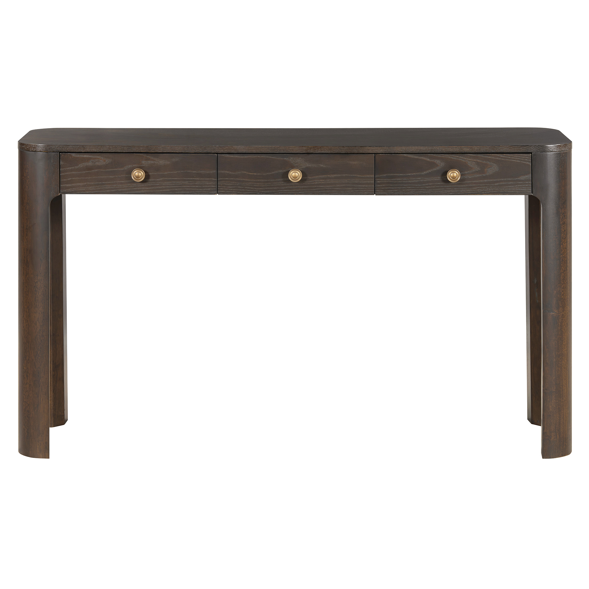 TREXM Rustic Console Table with Curved Corners for Safety, Entryway Table with 3 Concealed Drawers, Sturdy Sofa Table with Thick Legs for Hallway & Living Room