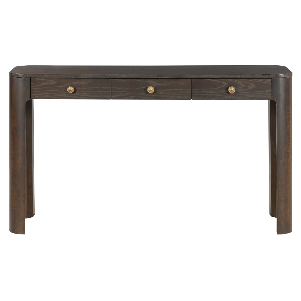 TREXM Rustic Console Table with Curved Corners for Safety, Entryway Table with 3 Concealed Drawers, Sturdy Sofa Table with Thick Legs for Hallway & Living Room