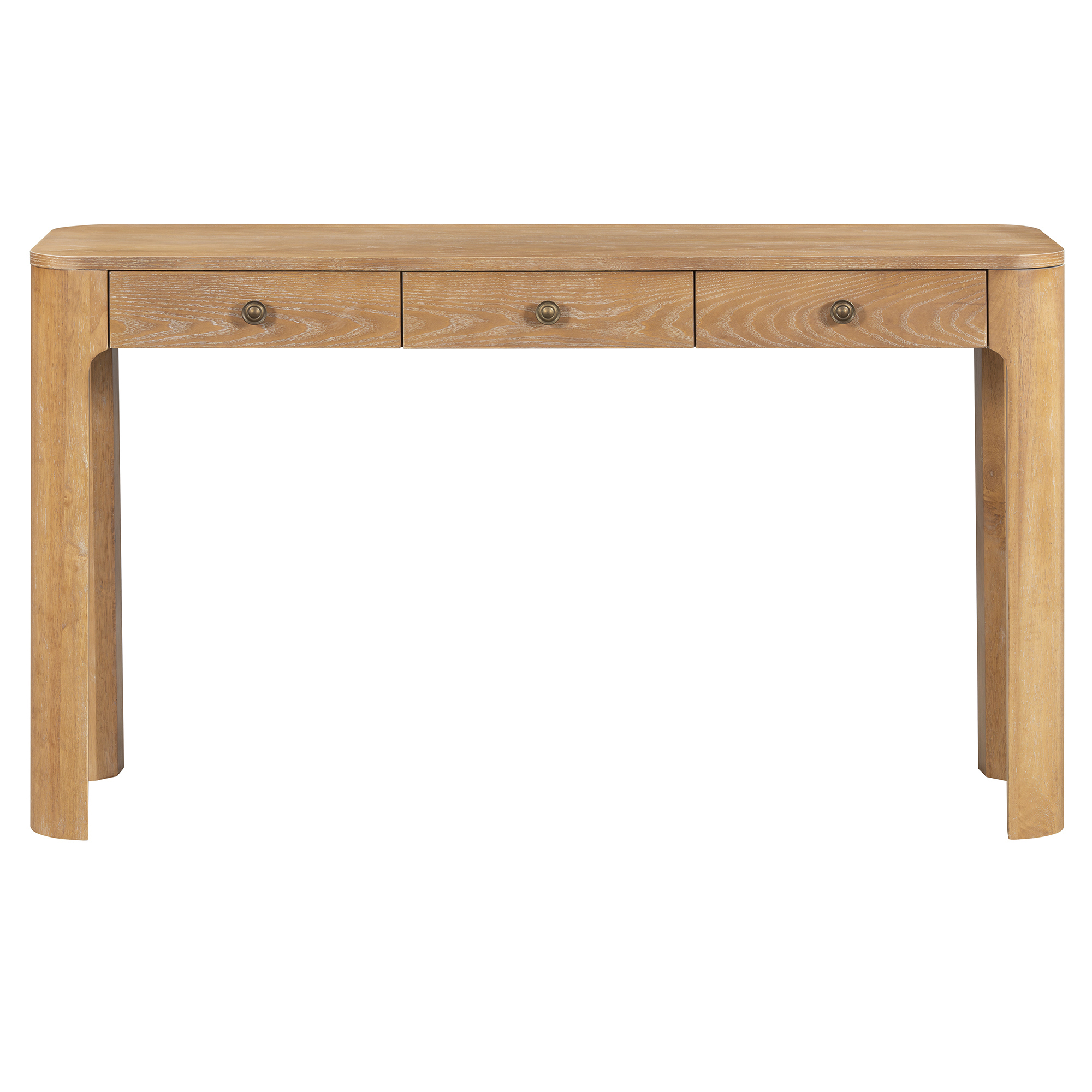 TREXM Rustic Console Table with Curved Corners for Safety, Entryway Table with 3 Concealed Drawers, Sturdy Sofa Table with Thick Legs for Hallway & Living Room