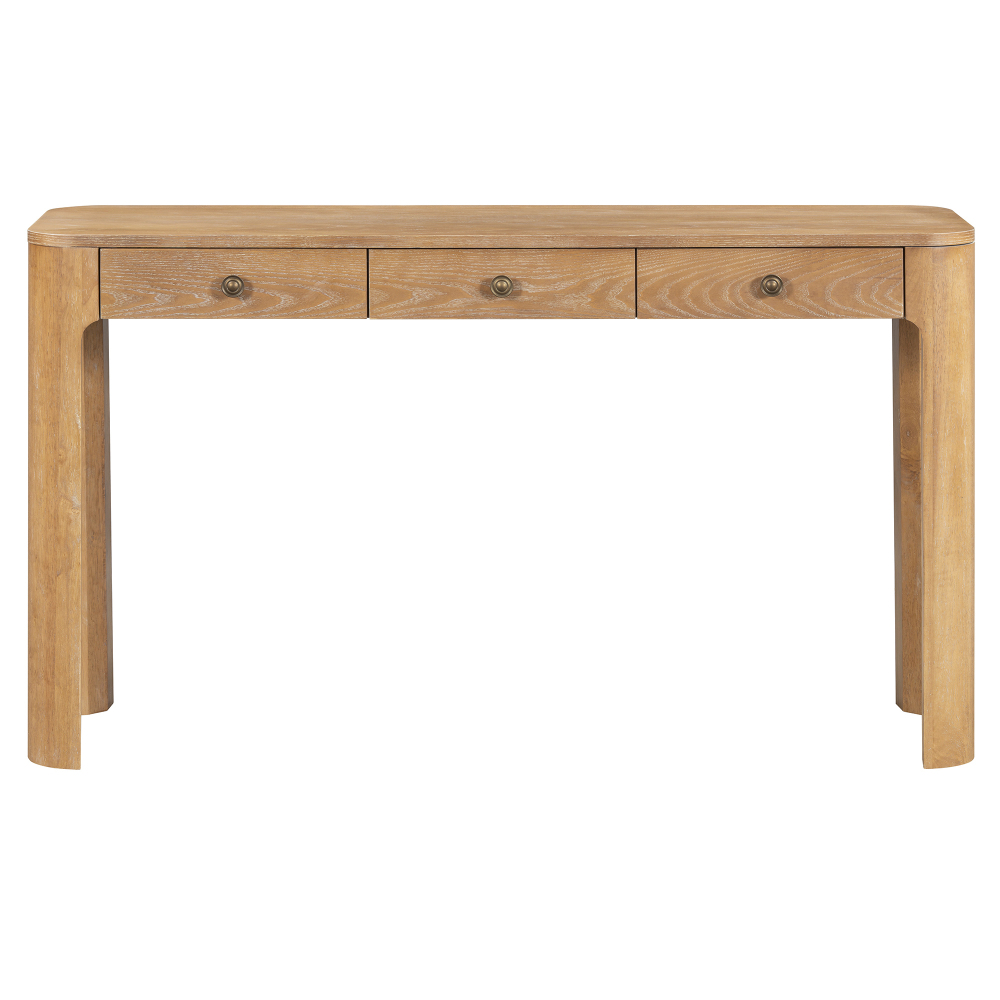 TREXM Rustic Console Table with Curved Corners for Safety, Entryway Table with 3 Concealed Drawers, Sturdy Sofa Table with Thick Legs for Hallway & Living Room