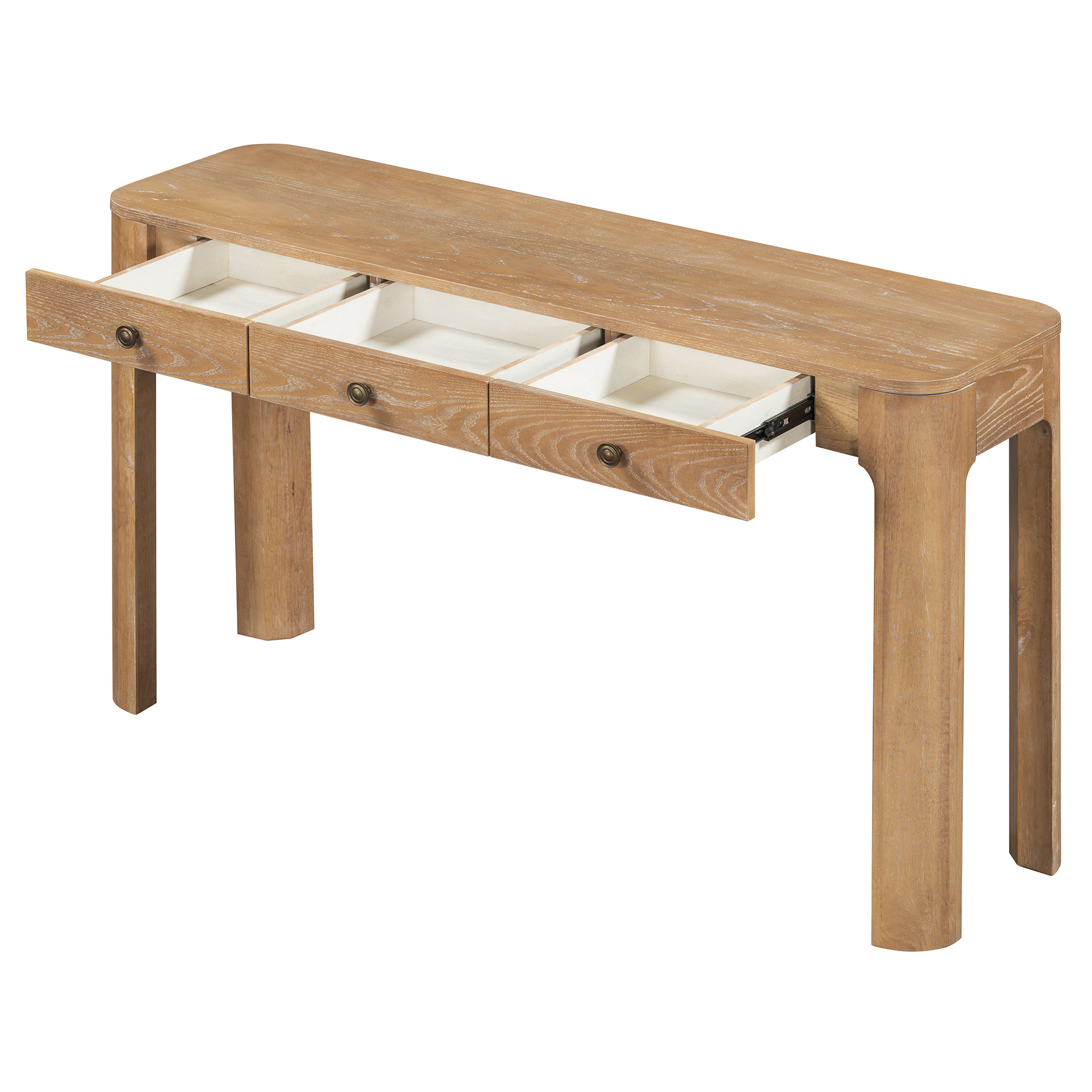 TREXM Rustic Console Table with Curved Corners for Safety, Entryway Table with 3 Concealed Drawers, Sturdy Sofa Table with Thick Legs for Hallway & Living Room