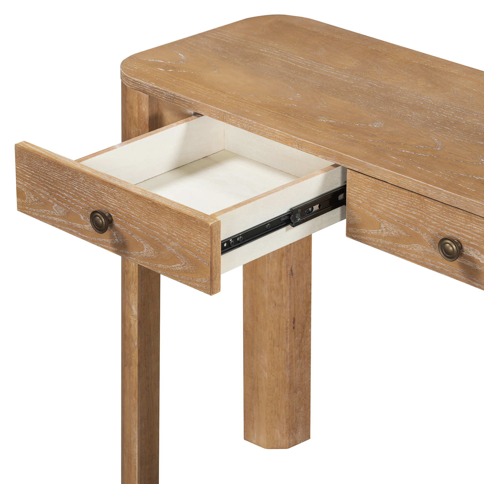 TREXM Rustic Console Table with Curved Corners for Safety, Entryway Table with 3 Concealed Drawers, Sturdy Sofa Table with Thick Legs for Hallway & Living Room
