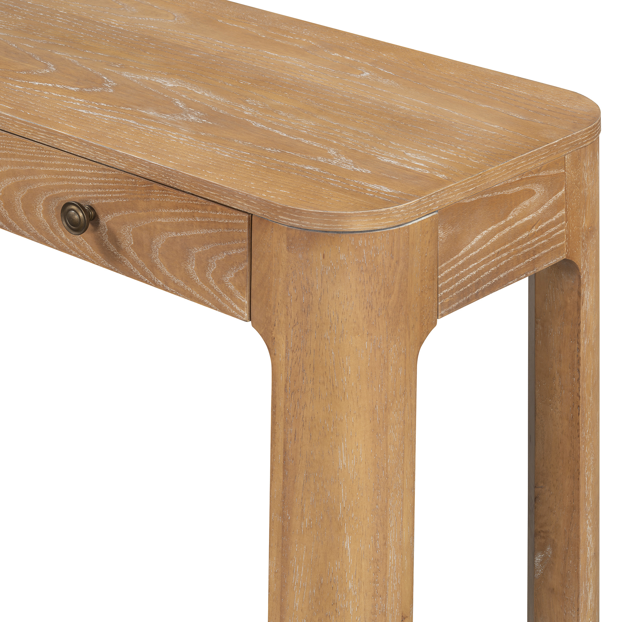 TREXM Rustic Console Table with Curved Corners for Safety, Entryway Table with 3 Concealed Drawers, Sturdy Sofa Table with Thick Legs for Hallway & Living Room