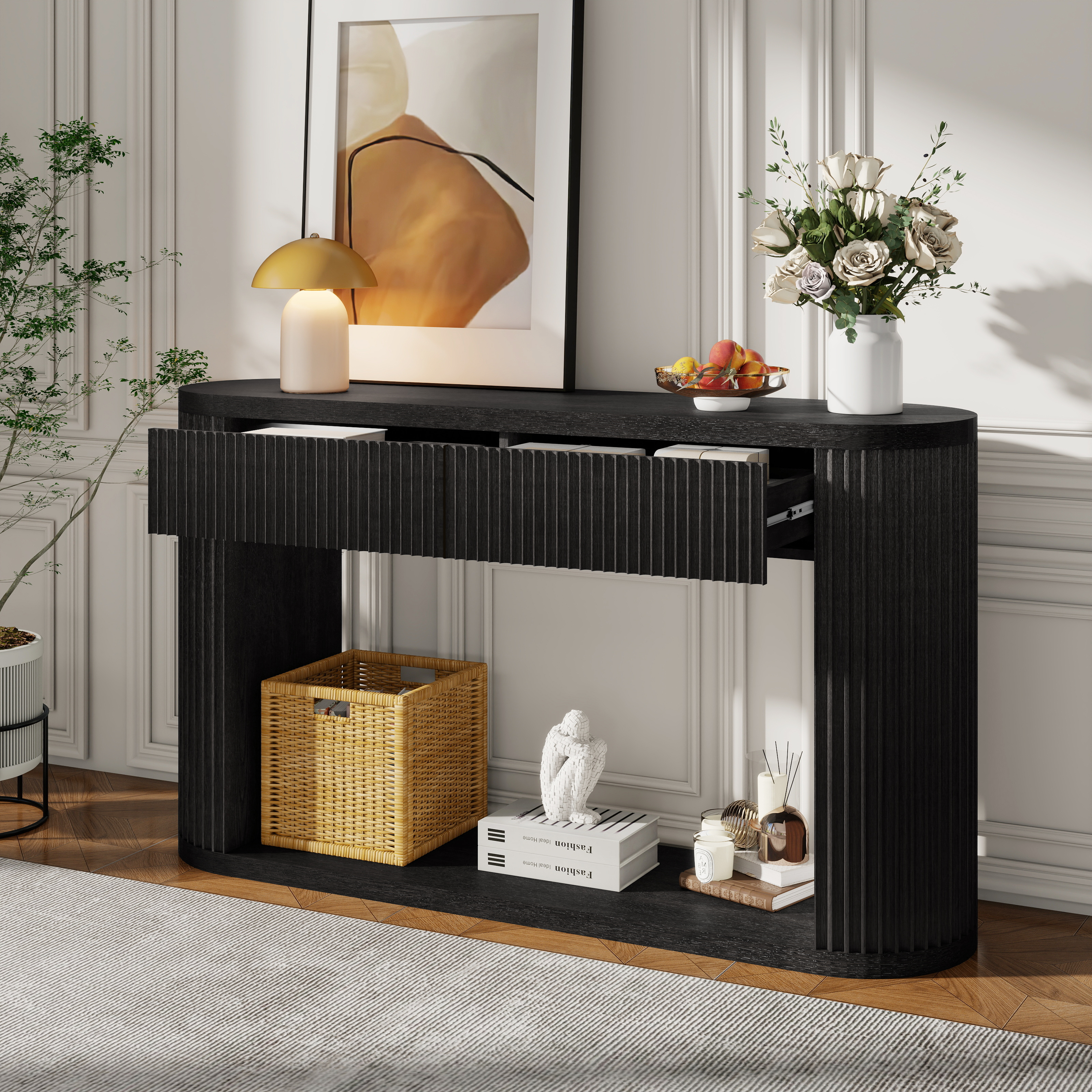 TREXM Oval Fluted Console Table with 2 Drawers and Bottom Shelf, Wood Entryway Table with Smooth Metal Slides for Living Room, Entryway