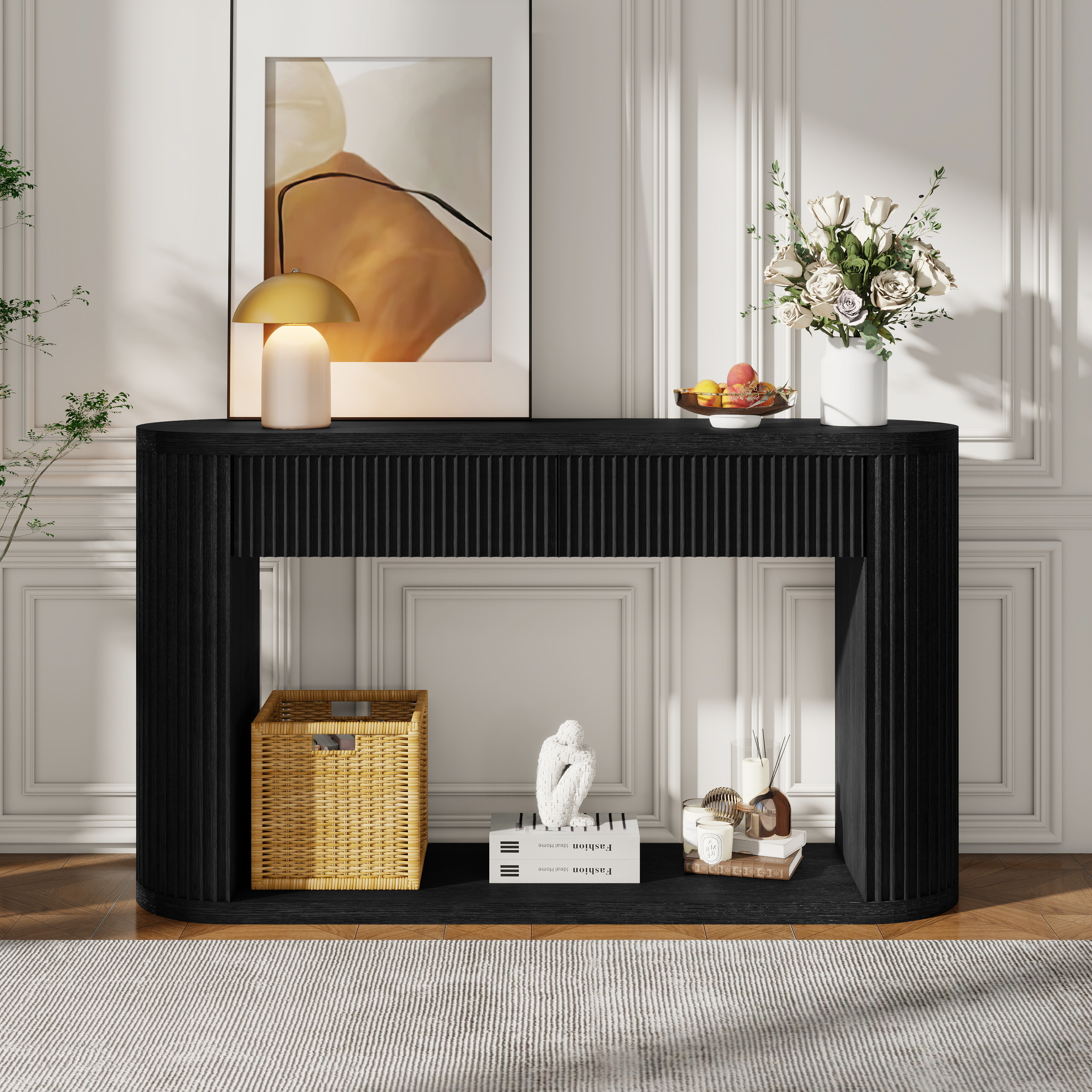 TREXM Oval Fluted Console Table with 2 Drawers and Bottom Shelf, Wood Entryway Table with Smooth Metal Slides for Living Room, Entryway