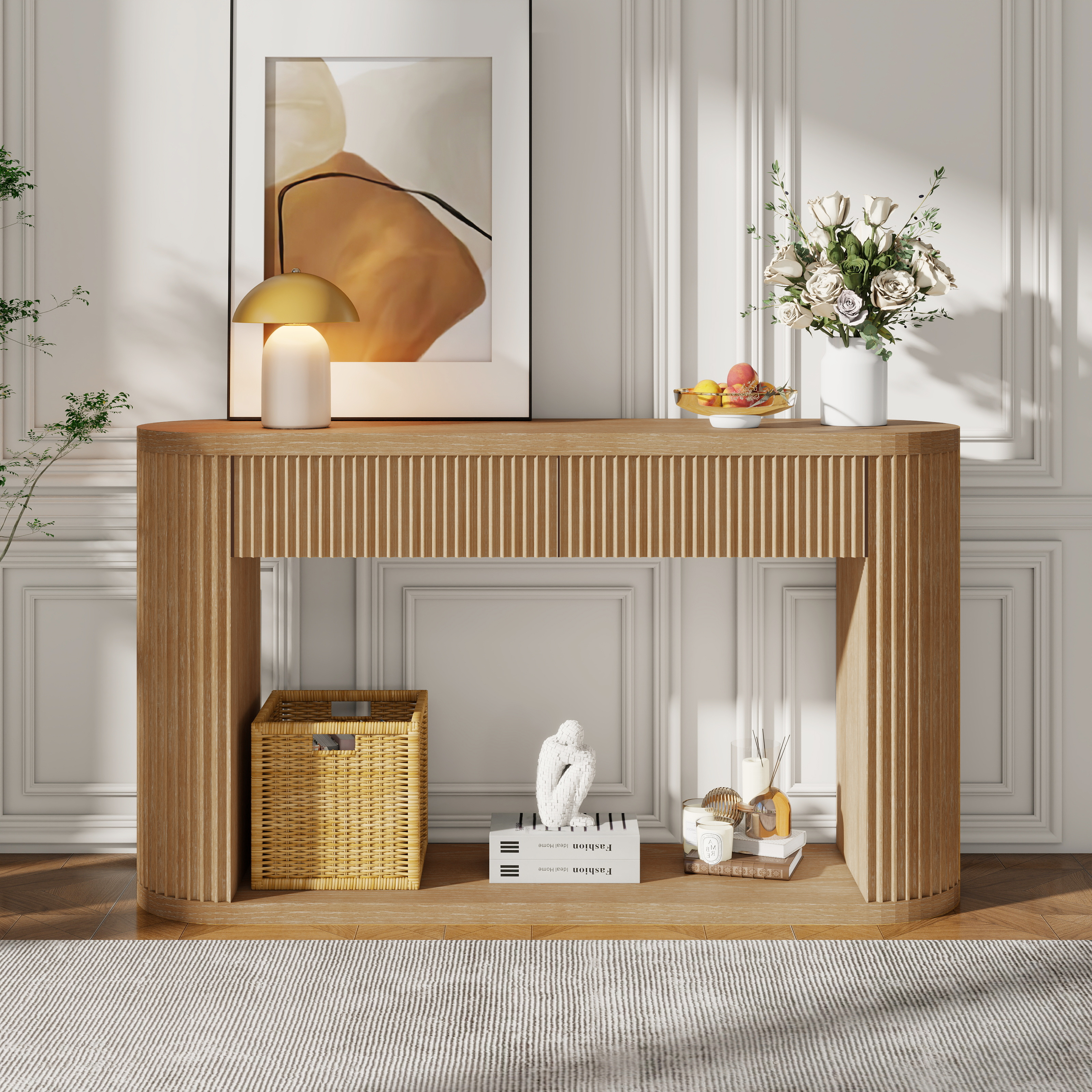 TREXM Oval Fluted Console Table with 2 Drawers and Bottom Shelf, Wood Entryway Table with Smooth Metal Slides for Living Room, Entryway