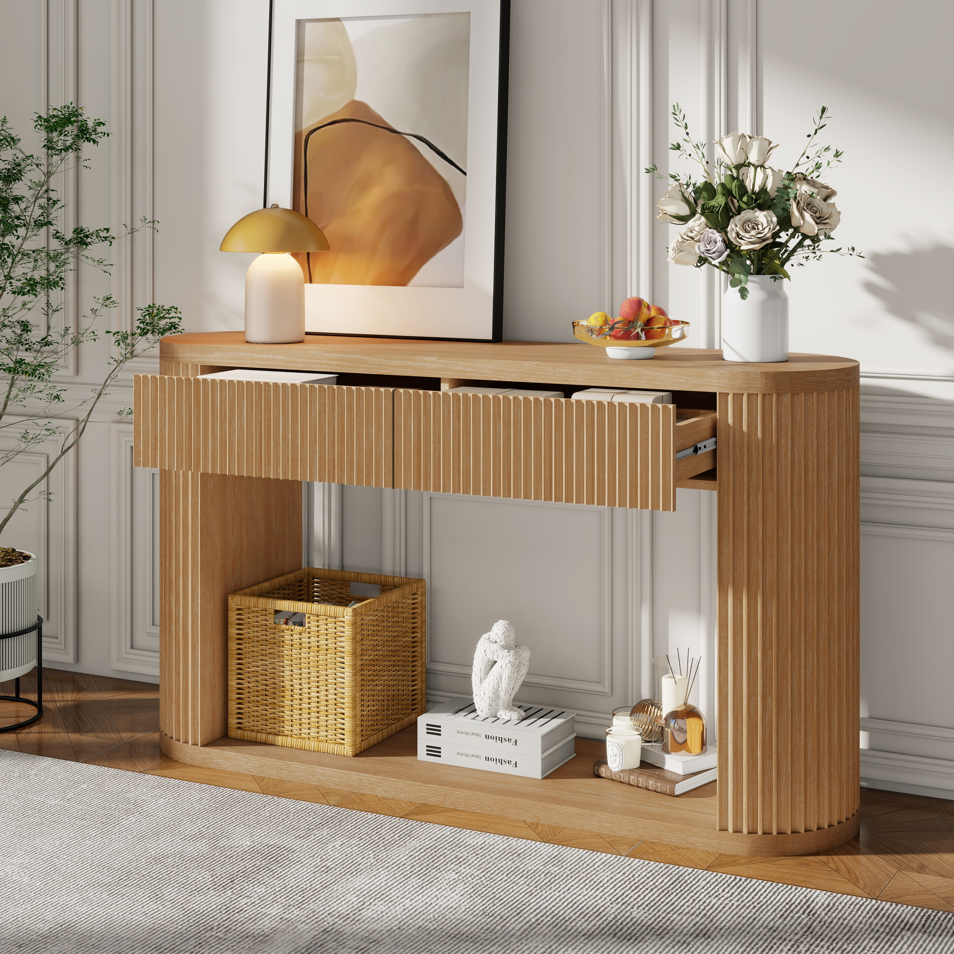 TREXM Oval Fluted Console Table with 2 Drawers and Bottom Shelf, Wood Entryway Table with Smooth Metal Slides for Living Room, Entryway