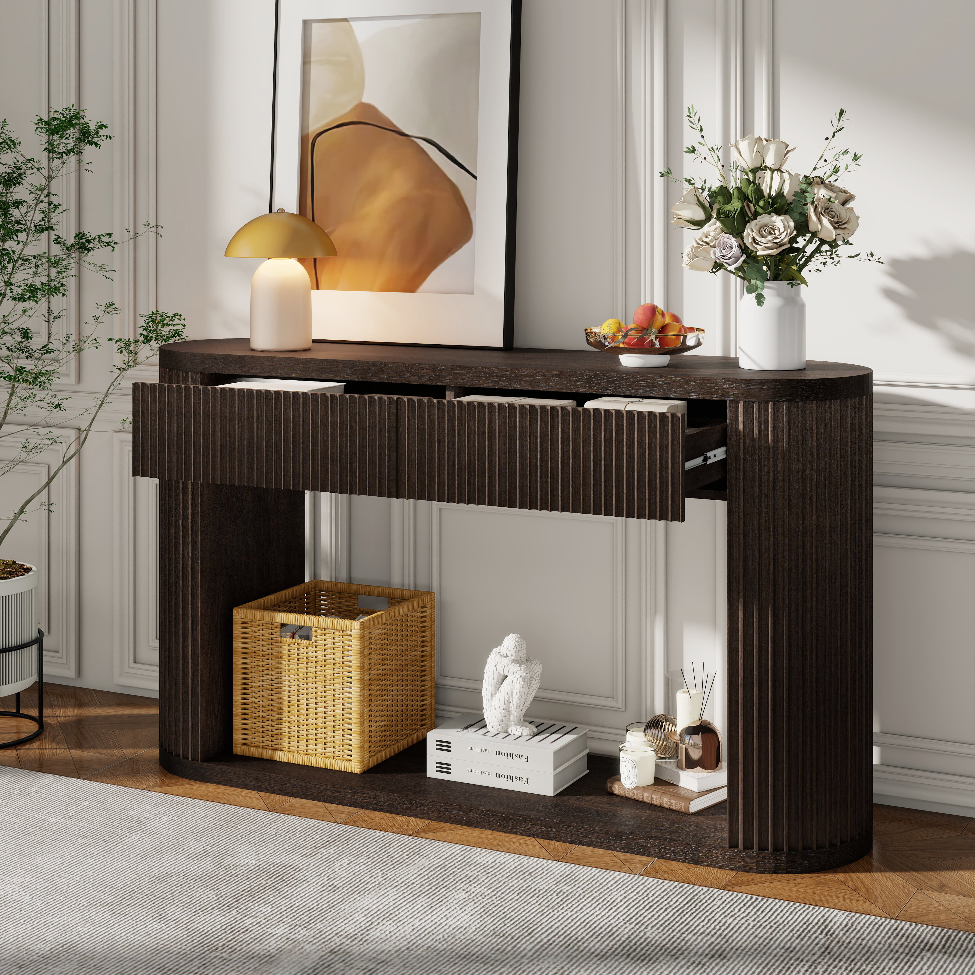 TREXM Oval Fluted Console Table with 2 Drawers and Bottom Shelf, Wood Entryway Table with Smooth Metal Slides for Living Room, Entryway