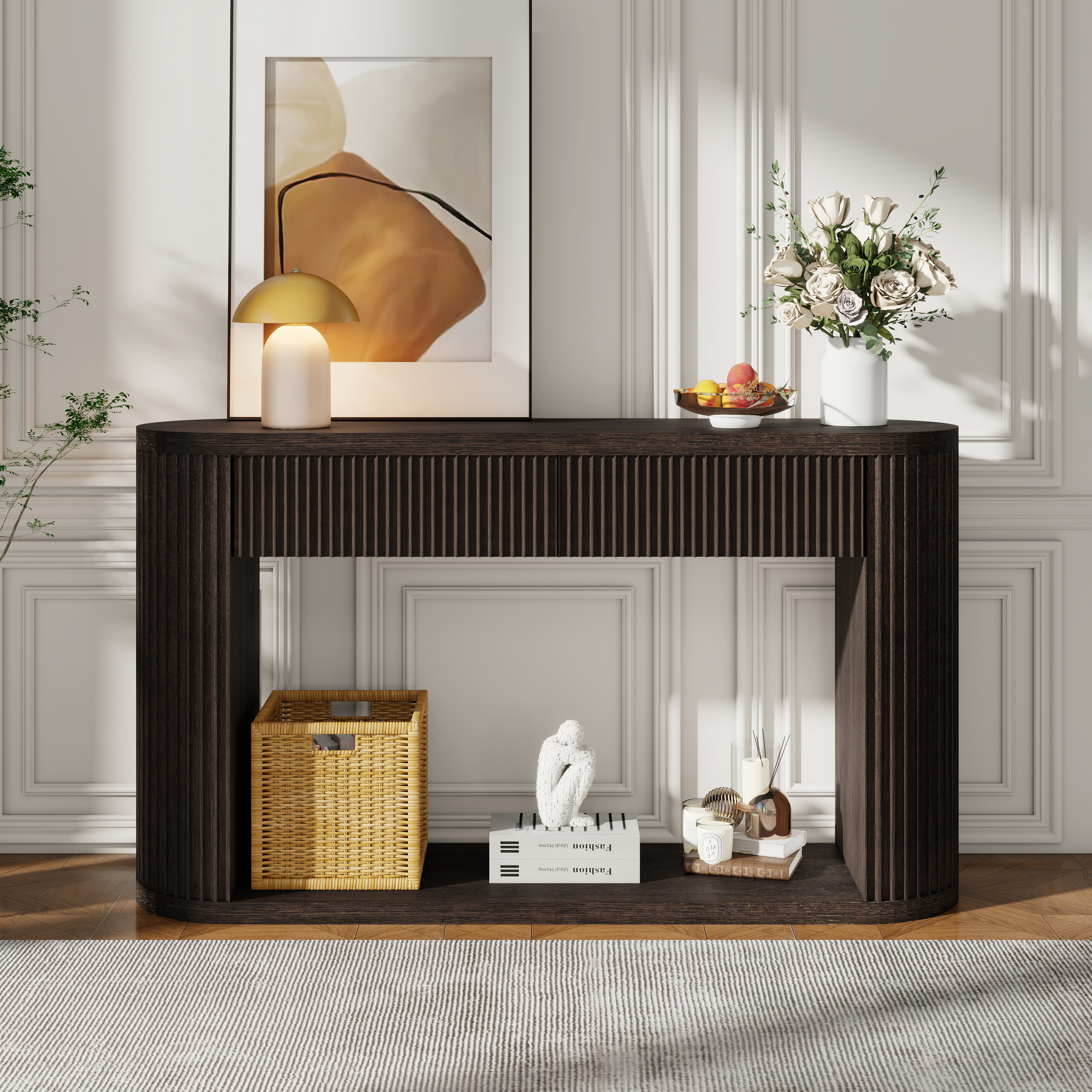TREXM Oval Fluted Console Table with 2 Drawers and Bottom Shelf, Wood Entryway Table with Smooth Metal Slides for Living Room, Entryway