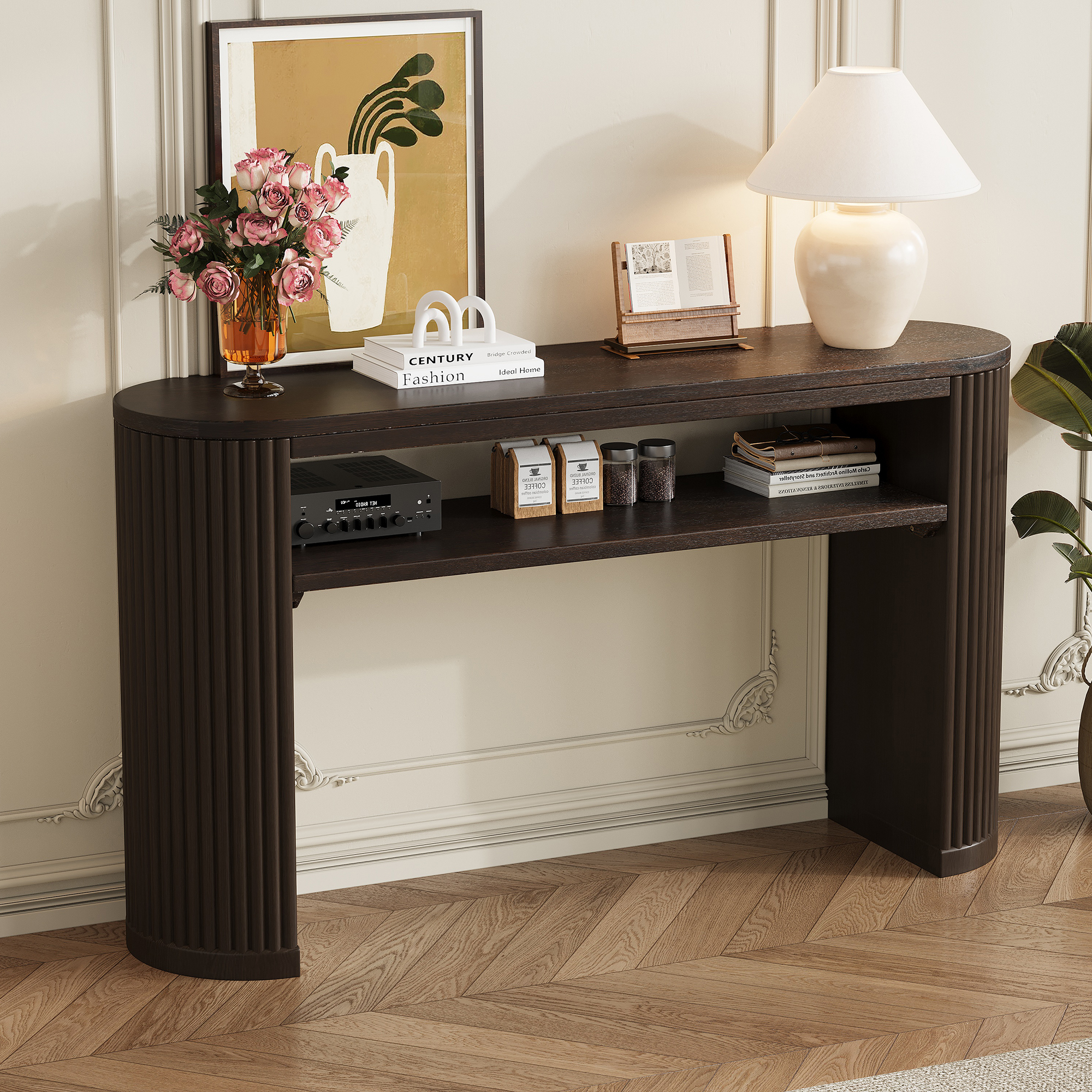 TREXM Rustic Console Table with Fluted Legs - Farmhouse Entryway Sofa Table, Vintage Oval Hallway Accent Table with Ash Veneer Top and Glaze Finish, Open Shelf, 3 Distressed Color Options