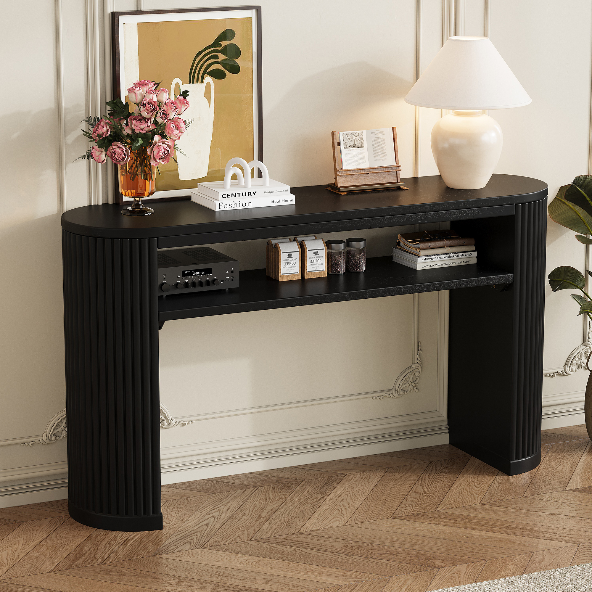 TREXM Rustic Console Table with Fluted Legs - Farmhouse Entryway Sofa Table, Vintage Oval Hallway Accent Table with Ash Veneer Top and Glaze Finish, Open Shelf, 3 Distressed Color Options