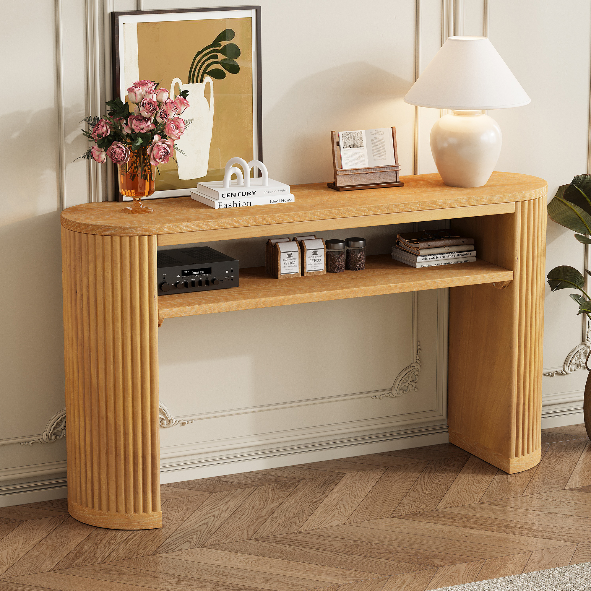 TREXM Rustic Console Table with Fluted Legs - Farmhouse Entryway Sofa Table, Vintage Oval Hallway Accent Table with Ash Veneer Top and Glaze Finish, Open Shelf, 3 Distressed Color Options