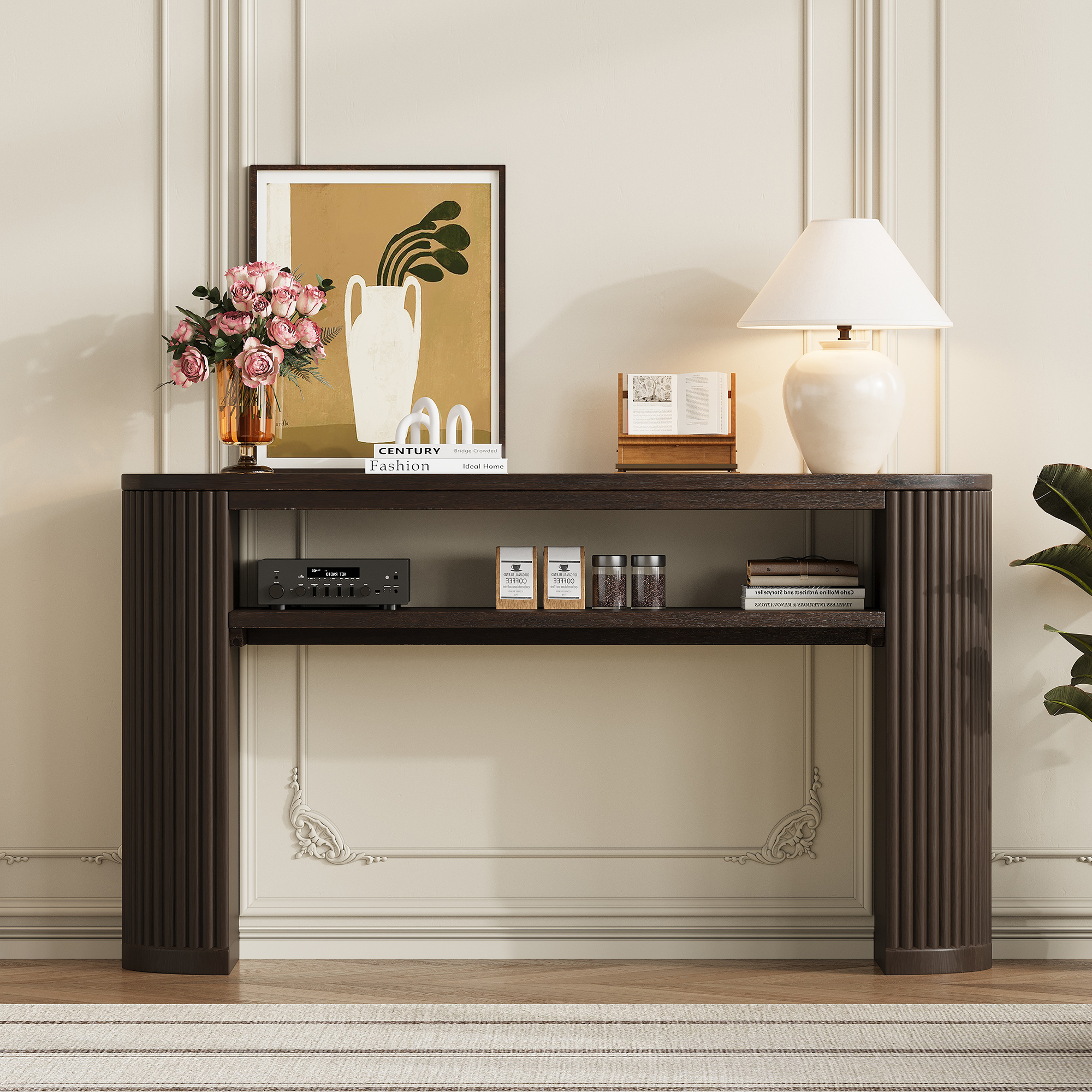 TREXM Rustic Console Table with Fluted Legs - Farmhouse Entryway Sofa Table, Vintage Oval Hallway Accent Table with Ash Veneer Top and Glaze Finish, Open Shelf, 3 Distressed Color Options