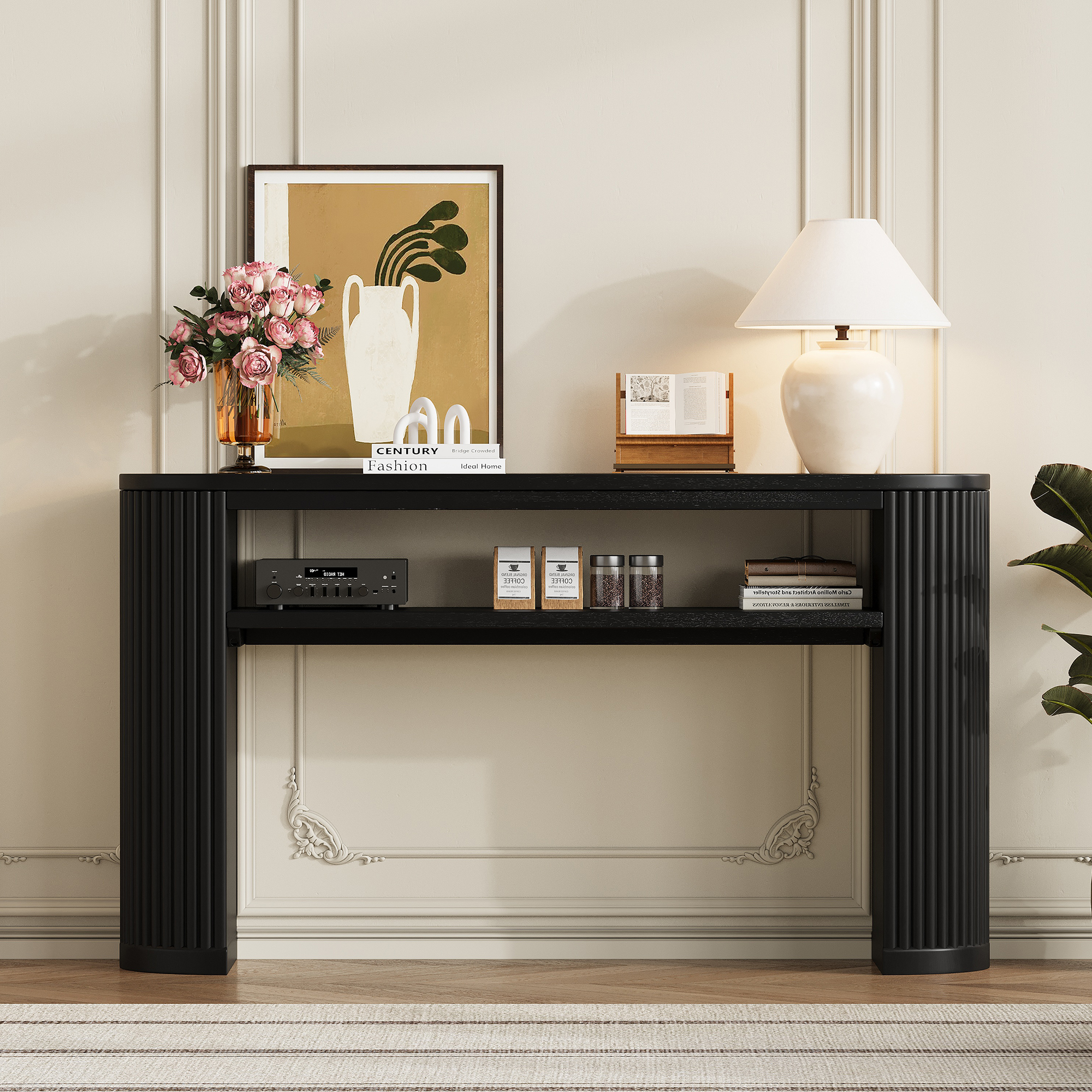 TREXM Rustic Console Table with Fluted Legs - Farmhouse Entryway Sofa Table, Vintage Oval Hallway Accent Table with Ash Veneer Top and Glaze Finish, Open Shelf, 3 Distressed Color Options