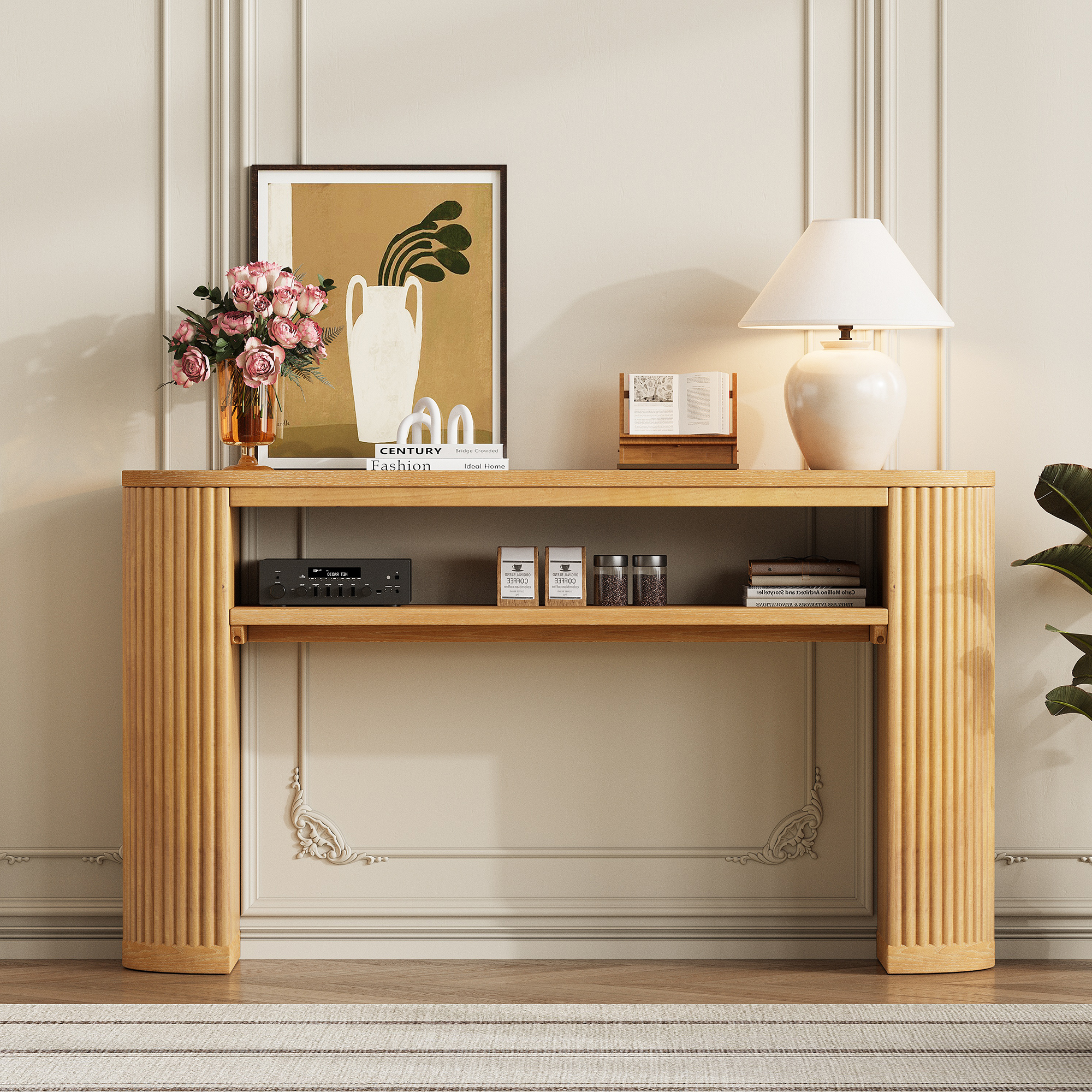 TREXM Rustic Console Table with Fluted Legs - Farmhouse Entryway Sofa Table, Vintage Oval Hallway Accent Table with Ash Veneer Top and Glaze Finish, Open Shelf, 3 Distressed Color Options