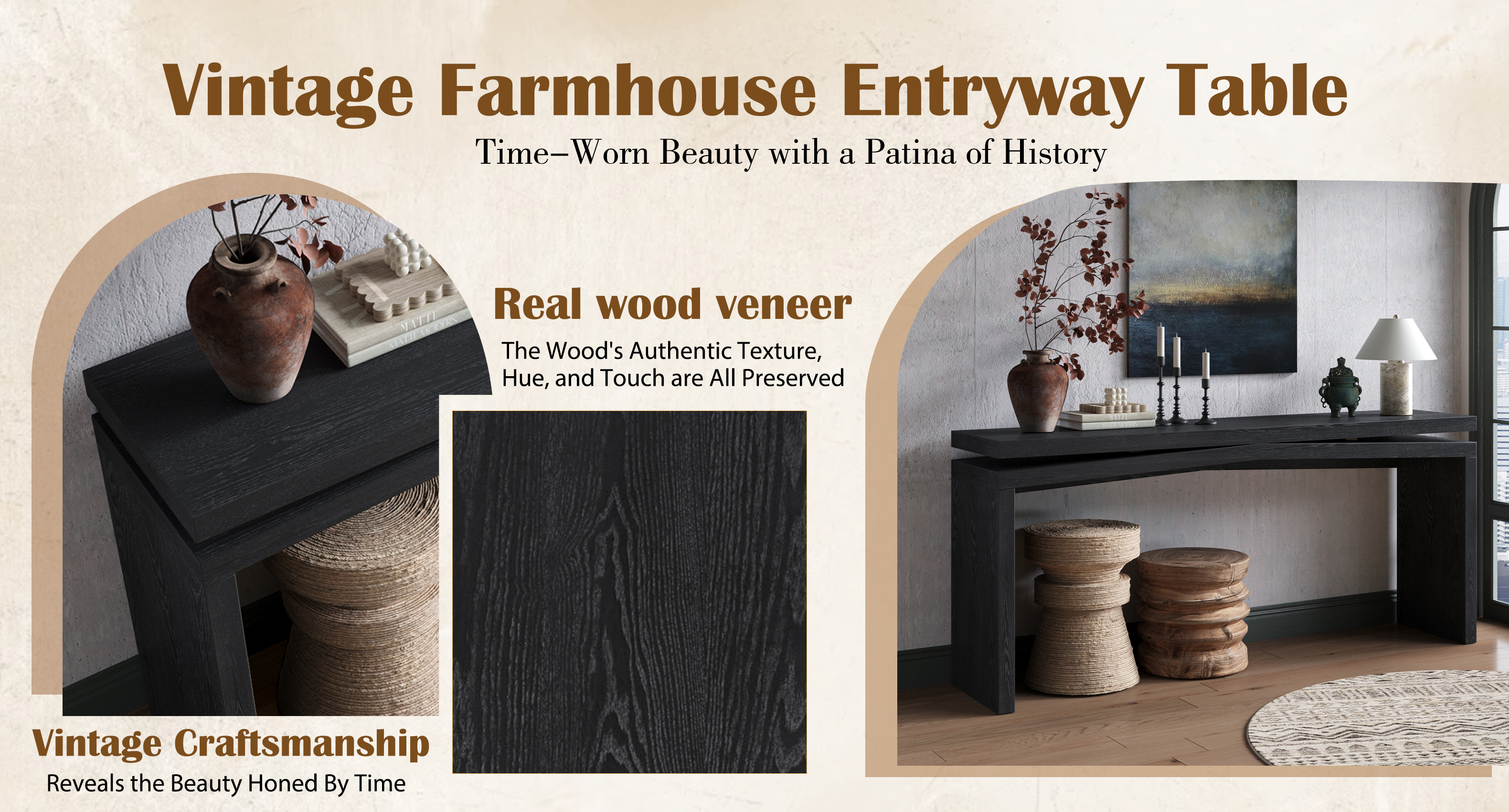 65-Inch Rustic Solid Wood Veneer Console Table, Long Farmhouse Entryway Sofa Table for Living Room, Hallway, Behind Couch, Apartment