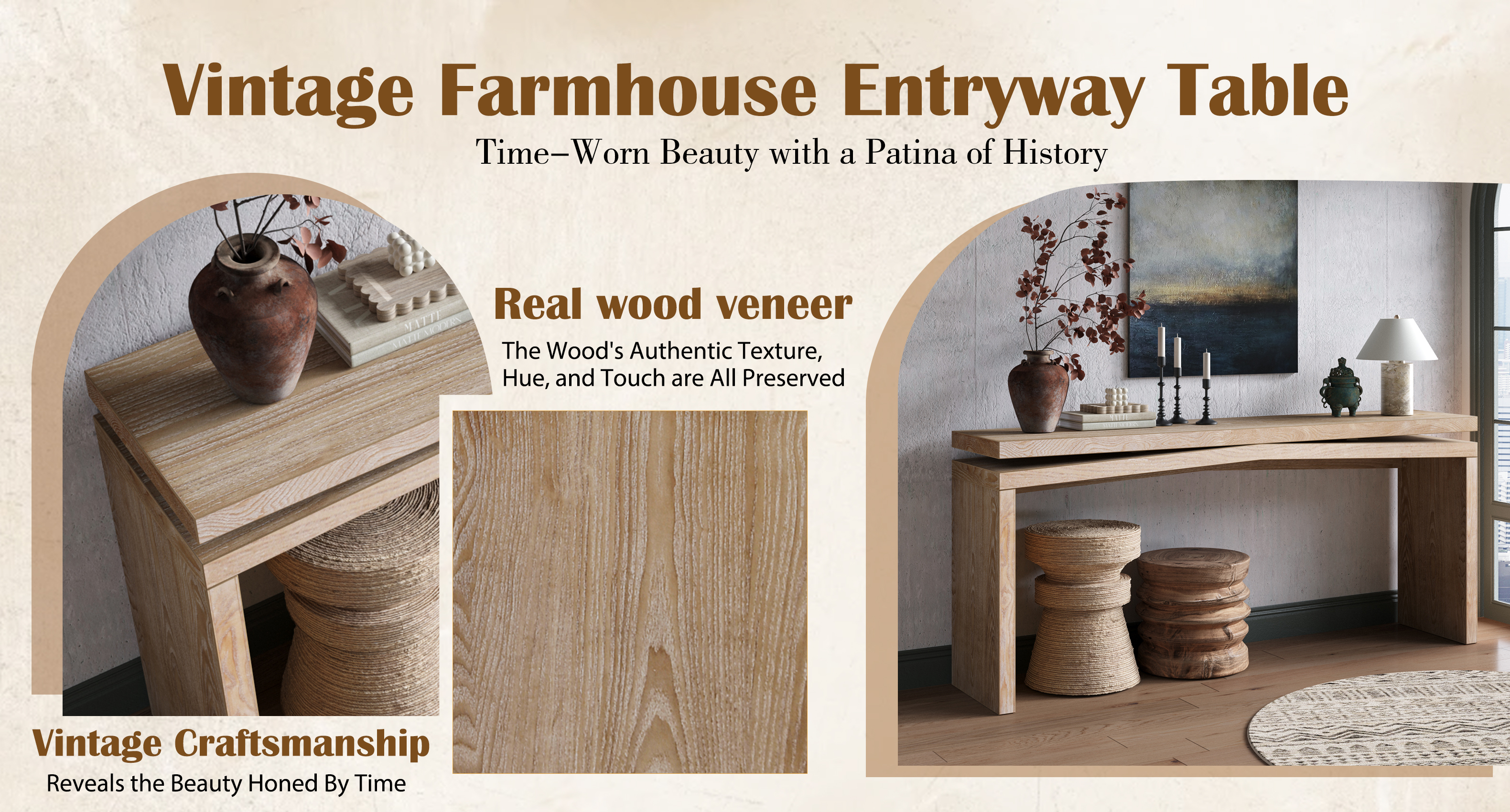 65-Inch Rustic Solid Wood Veneer Console Table, Long Farmhouse Entryway Sofa Table for Living Room, Hallway, Behind Couch, Apartment