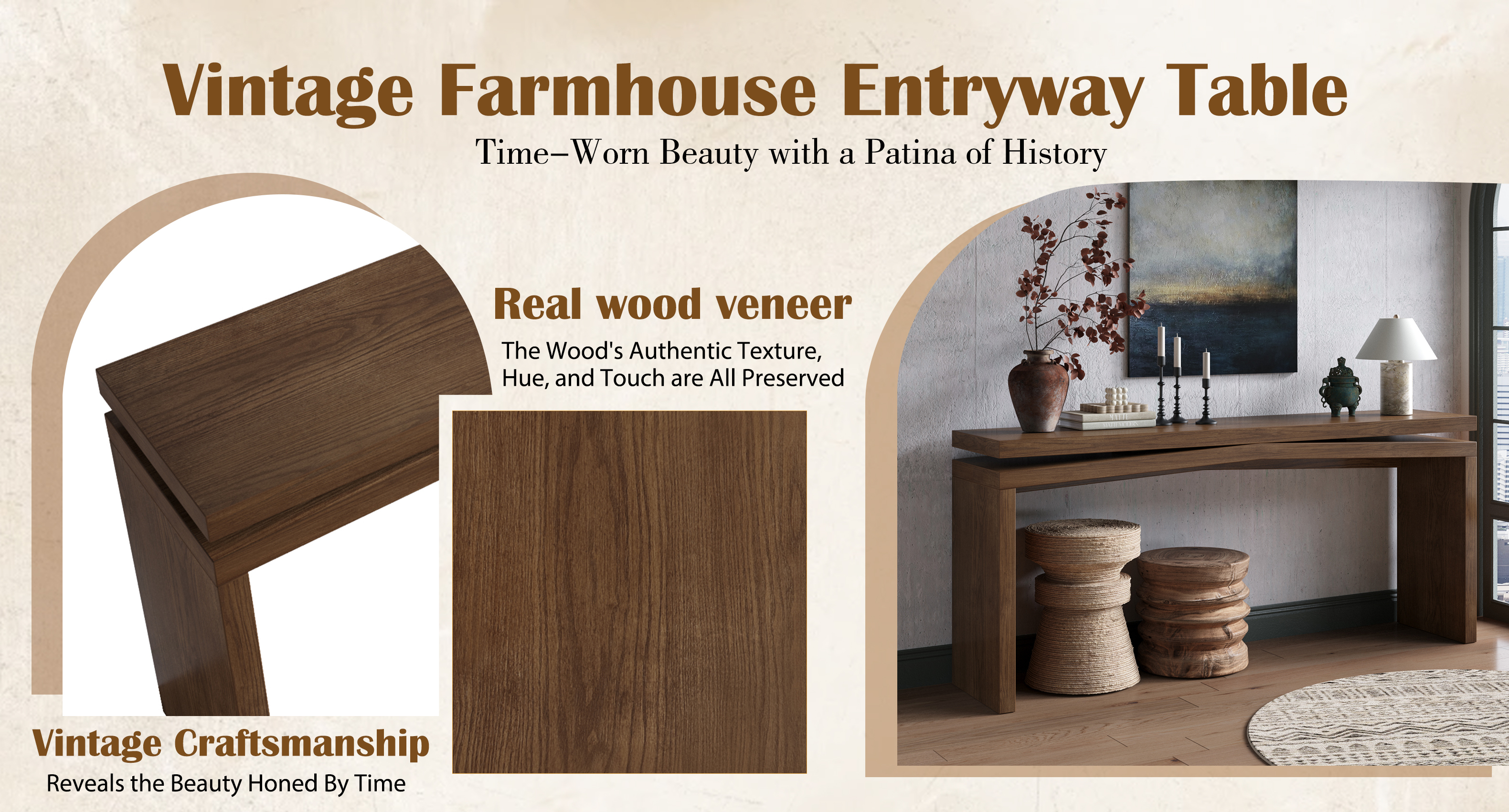 65-Inch Rustic Solid Wood Veneer Console Table, Long Farmhouse Entryway Sofa Table for Living Room, Hallway, Behind Couch, Apartment