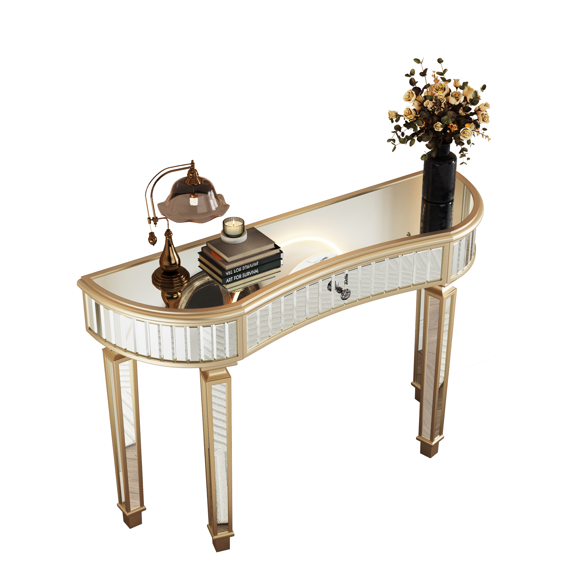 47" Half-Moon Mirrored Console Table with Fluted Glass & Crystal Knob Drawer - Silver Entryway Vanity Desk for Bedroom/Dressing Room