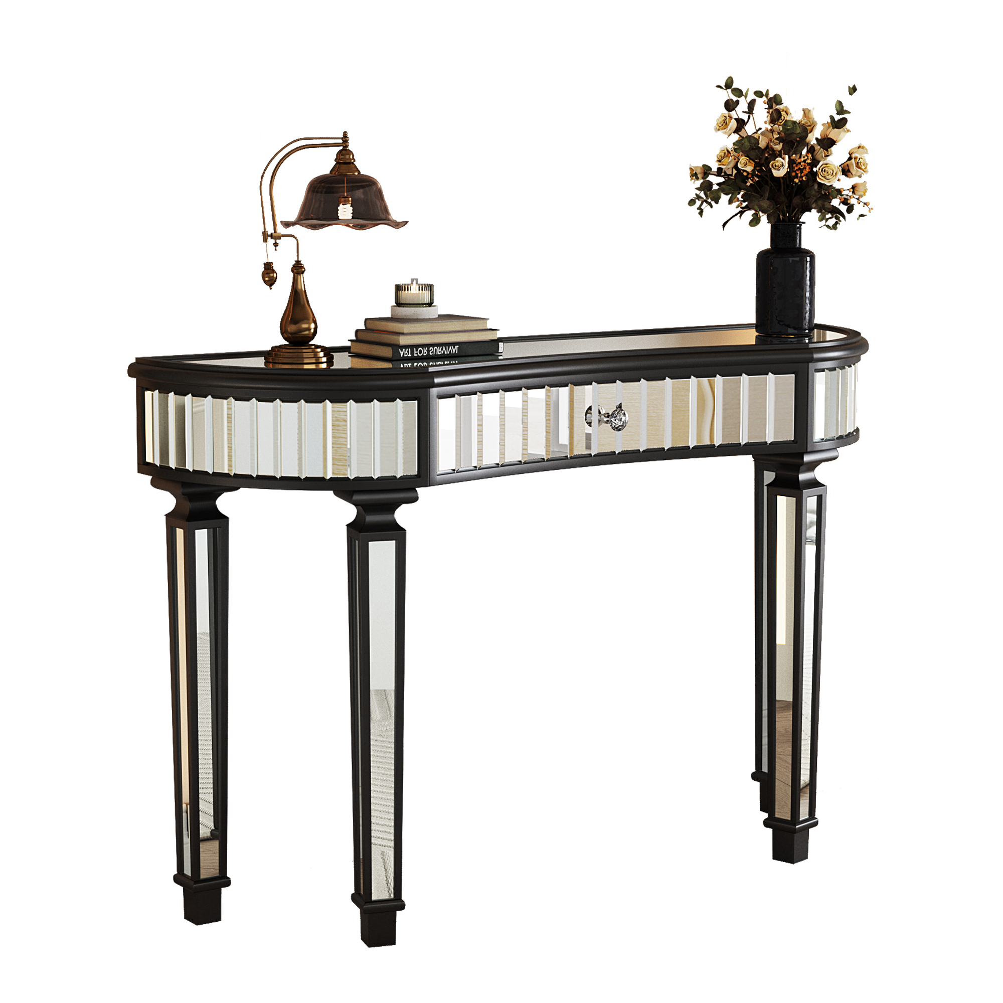 47" Half-Moon Mirrored Console Table with Fluted Glass & Crystal Knob Drawer - Silver Entryway Vanity Desk for Bedroom/Dressing Room