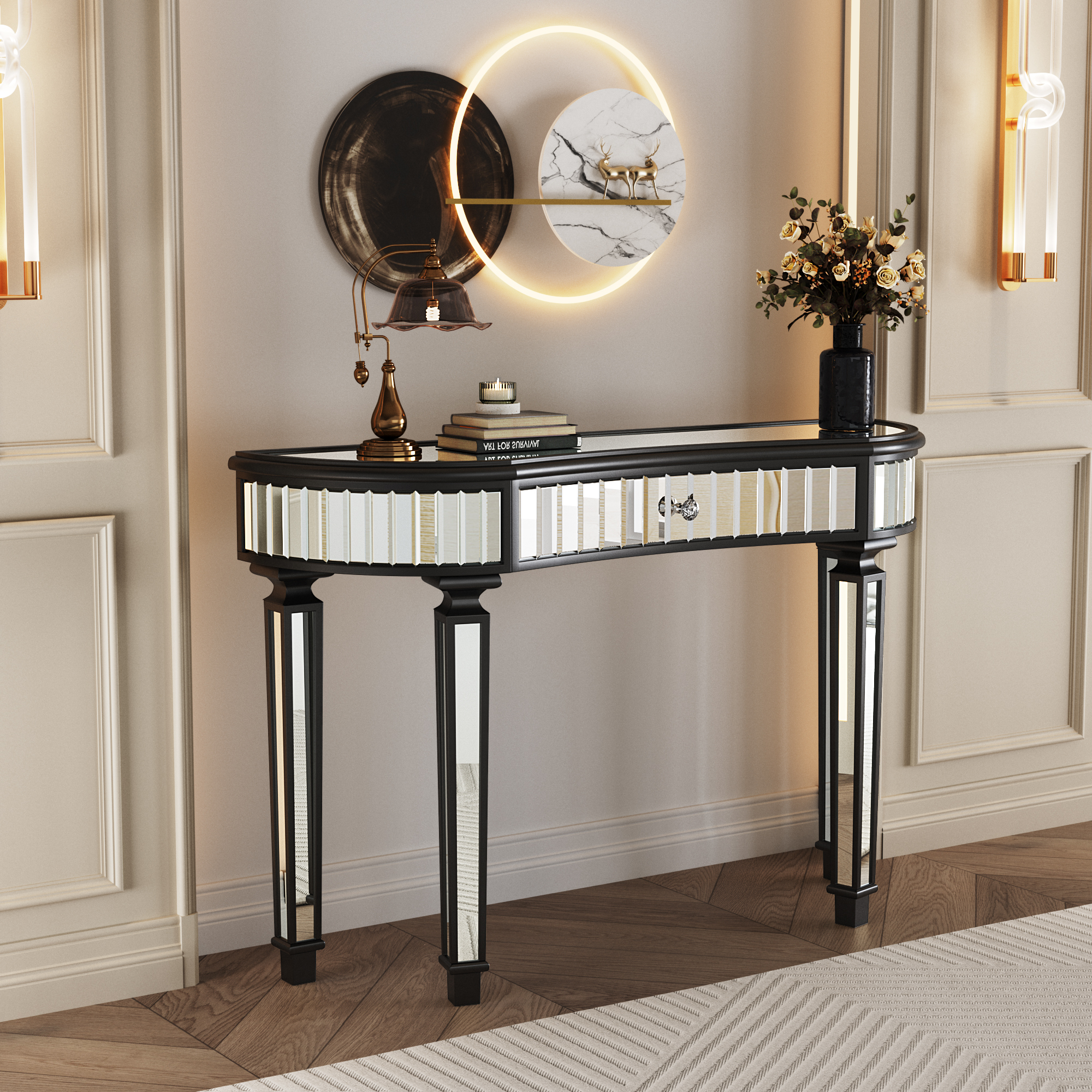 47" Half-Moon Mirrored Console Table with Fluted Glass & Crystal Knob Drawer - Silver Entryway Vanity Desk for Bedroom/Dressing Room