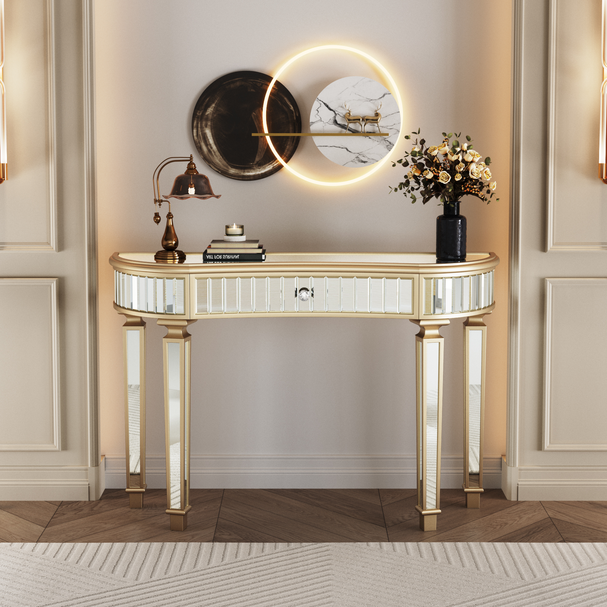 47" Half-Moon Mirrored Console Table with Fluted Glass & Crystal Knob Drawer - Silver Entryway Vanity Desk for Bedroom/Dressing Room