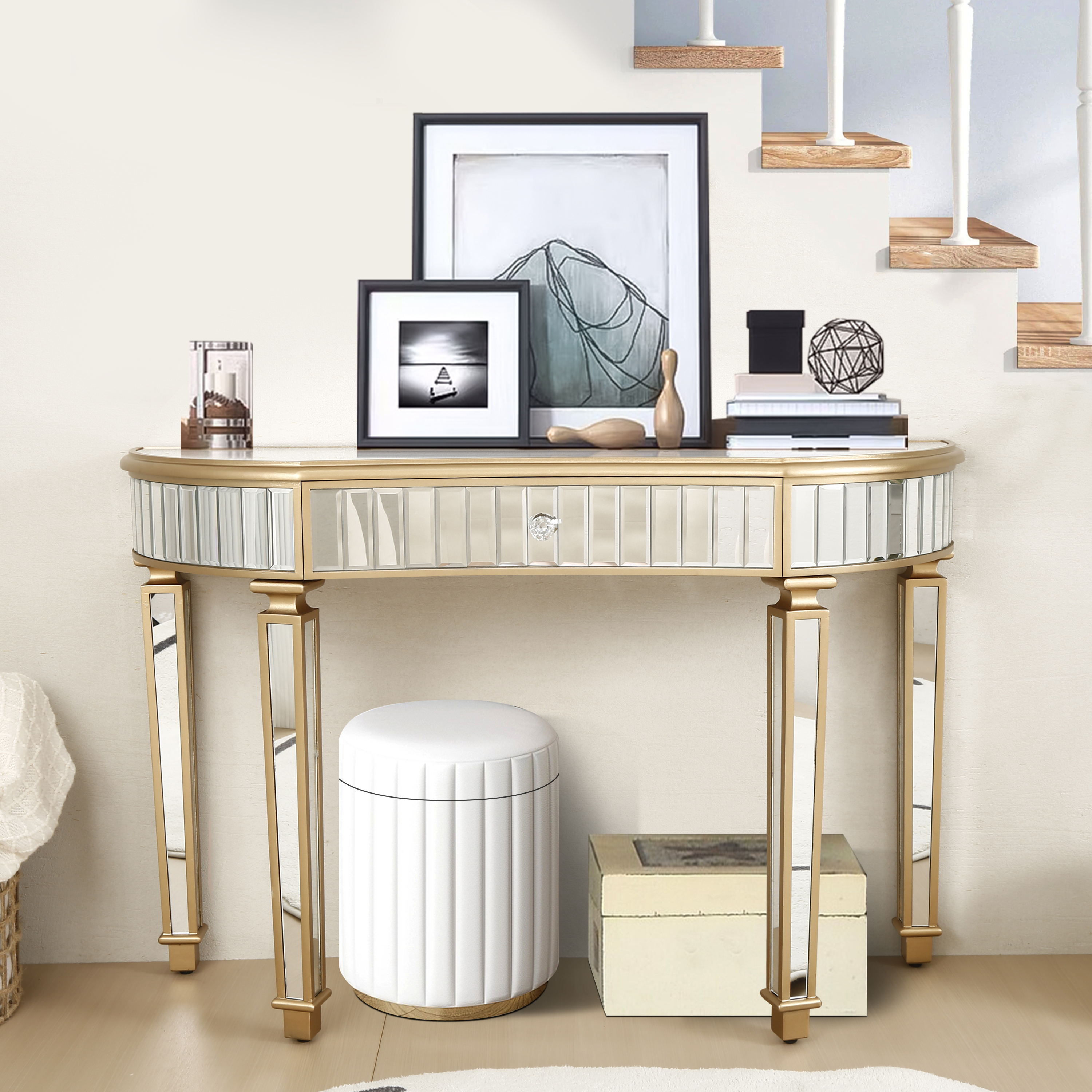 47" Half-Moon Mirrored Console Table with Fluted Glass & Crystal Knob Drawer - Silver Entryway Vanity Desk for Bedroom/Dressing Room